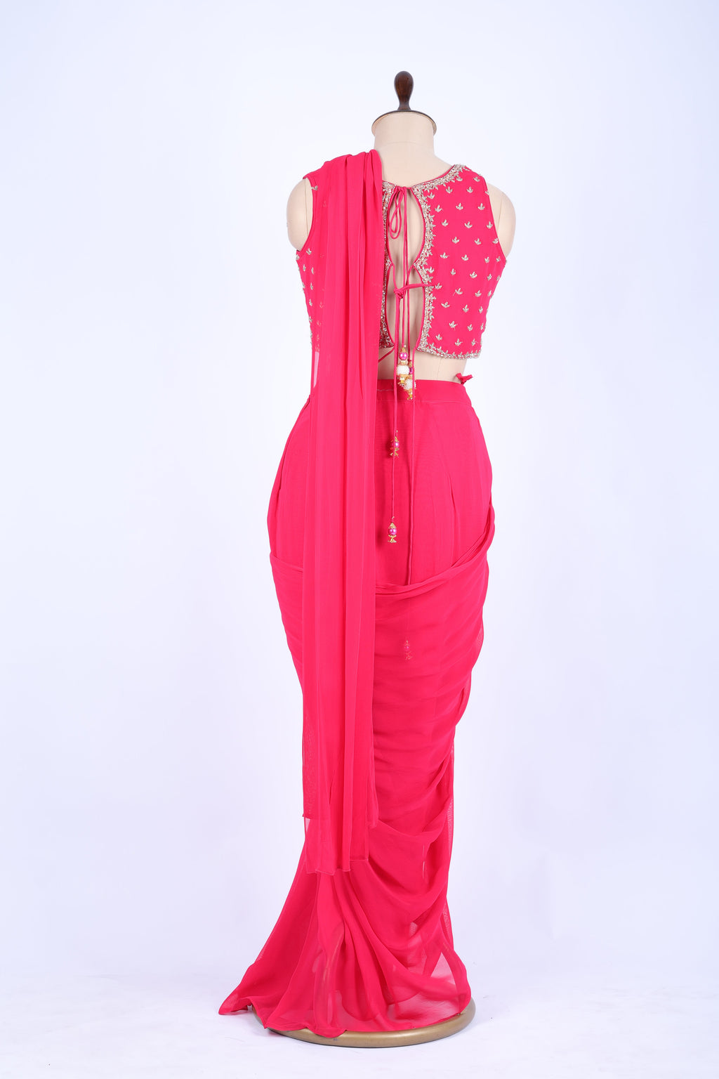 Hot pink pre-draped saree set