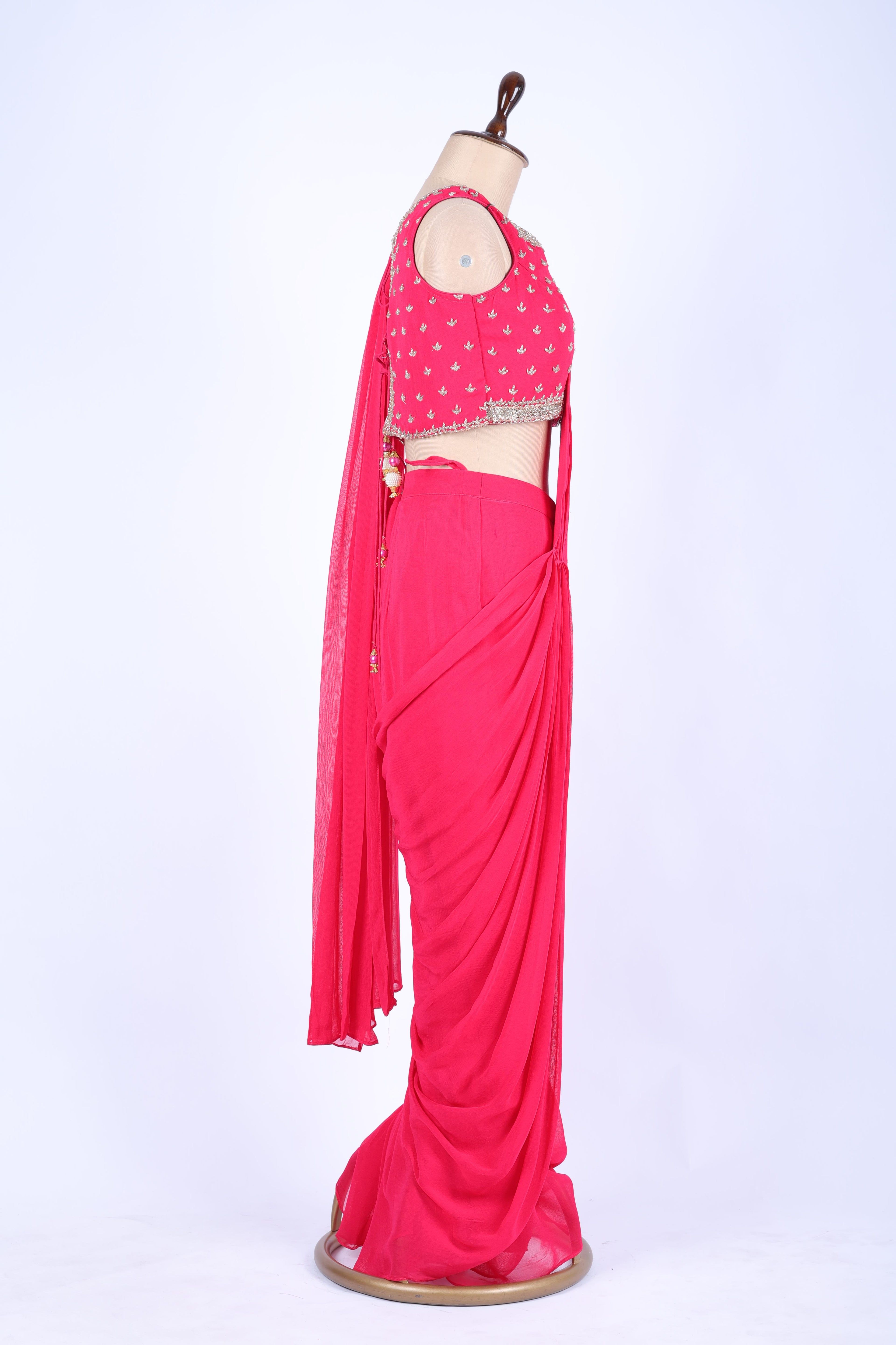 Hot pink pre-draped saree set