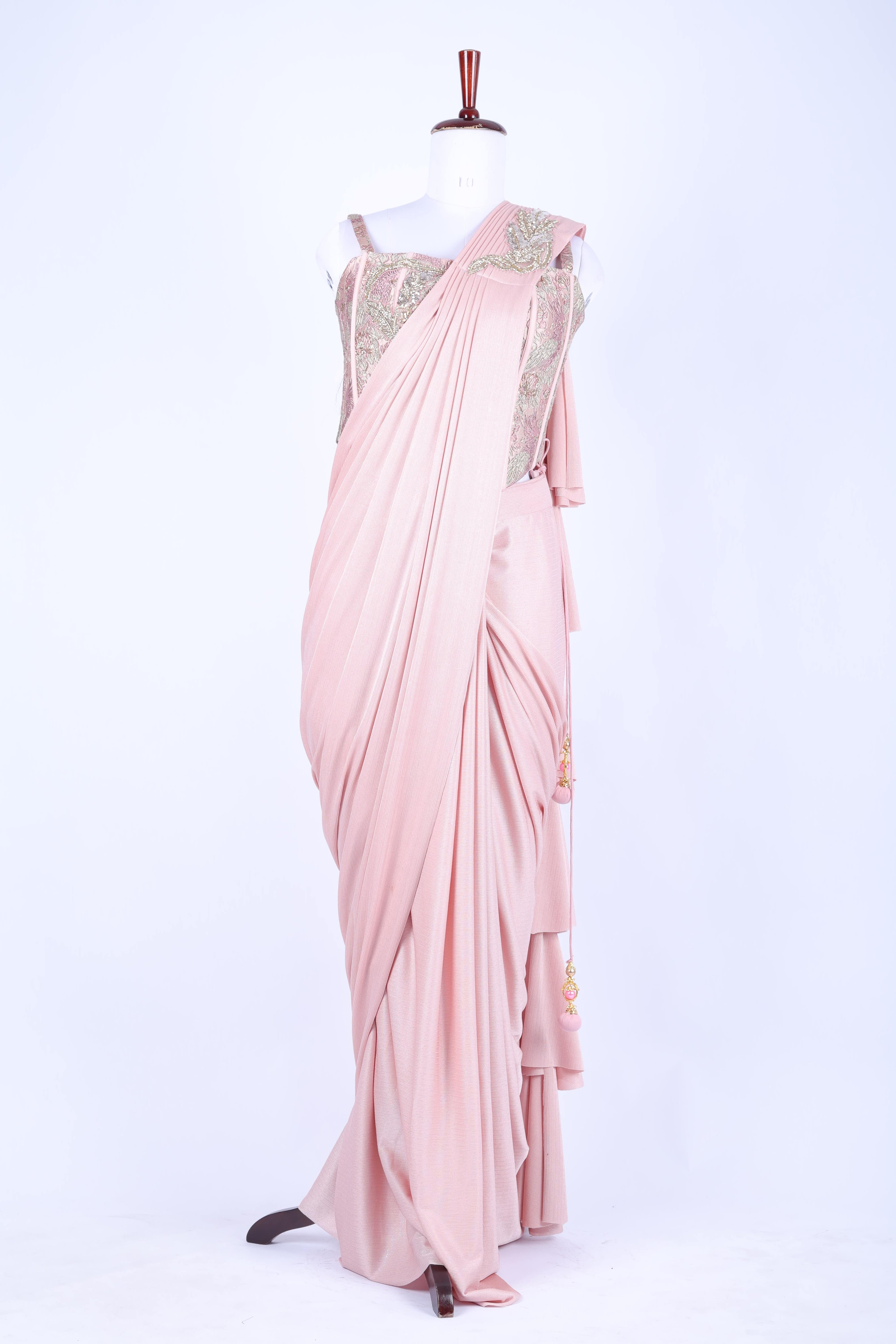 Pink pre-draped saree set