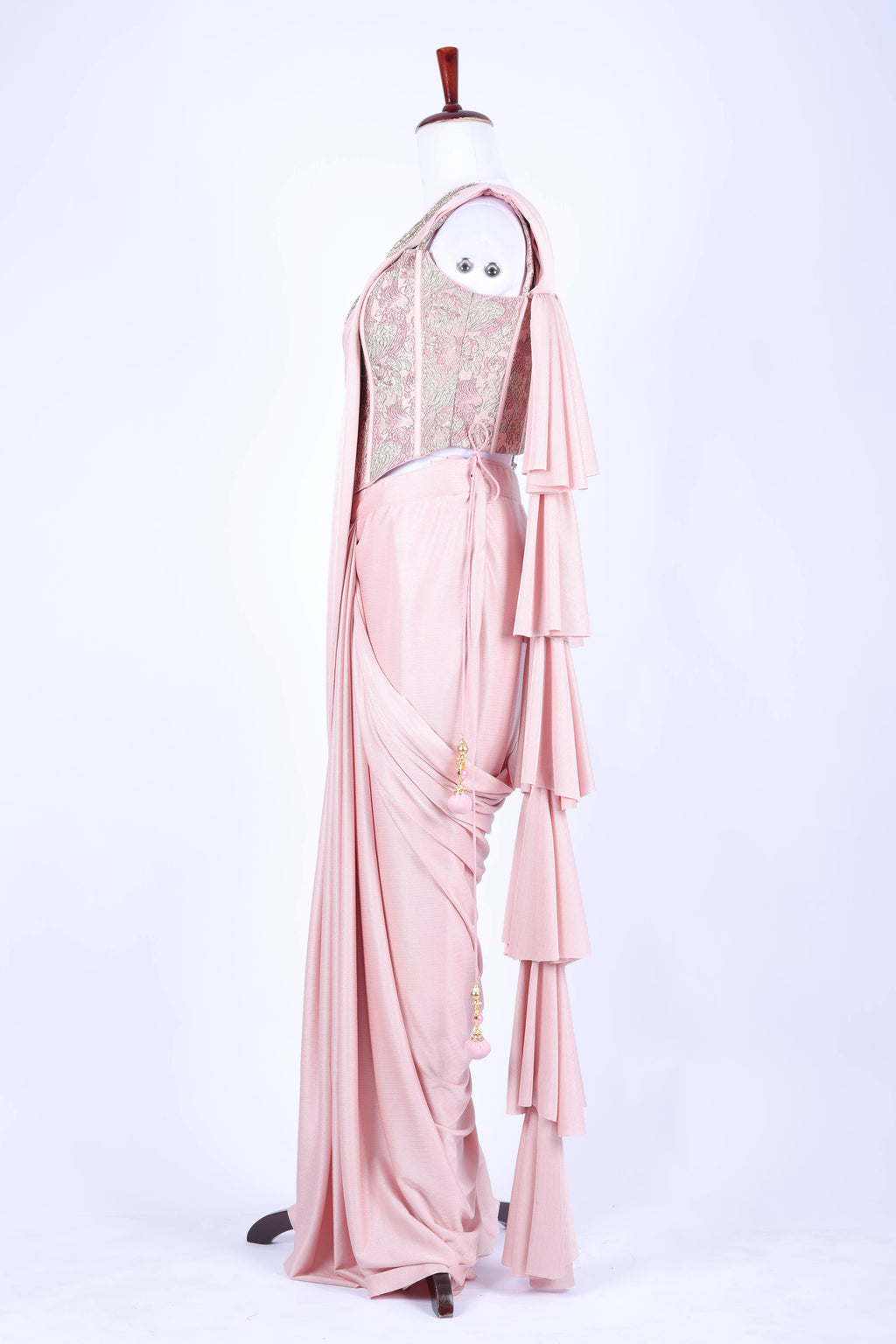 Pink pre-draped saree set