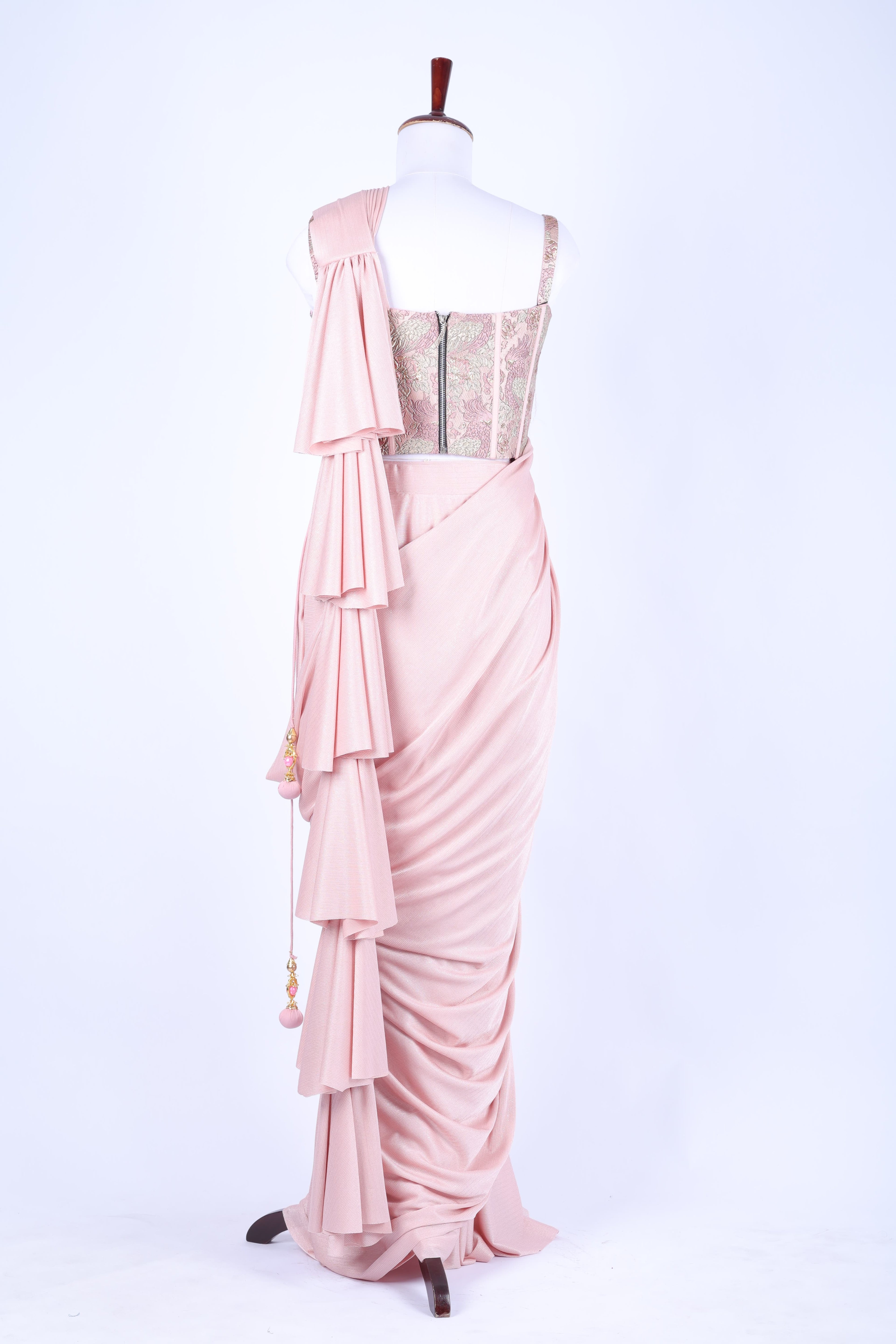 Pink pre-draped saree set