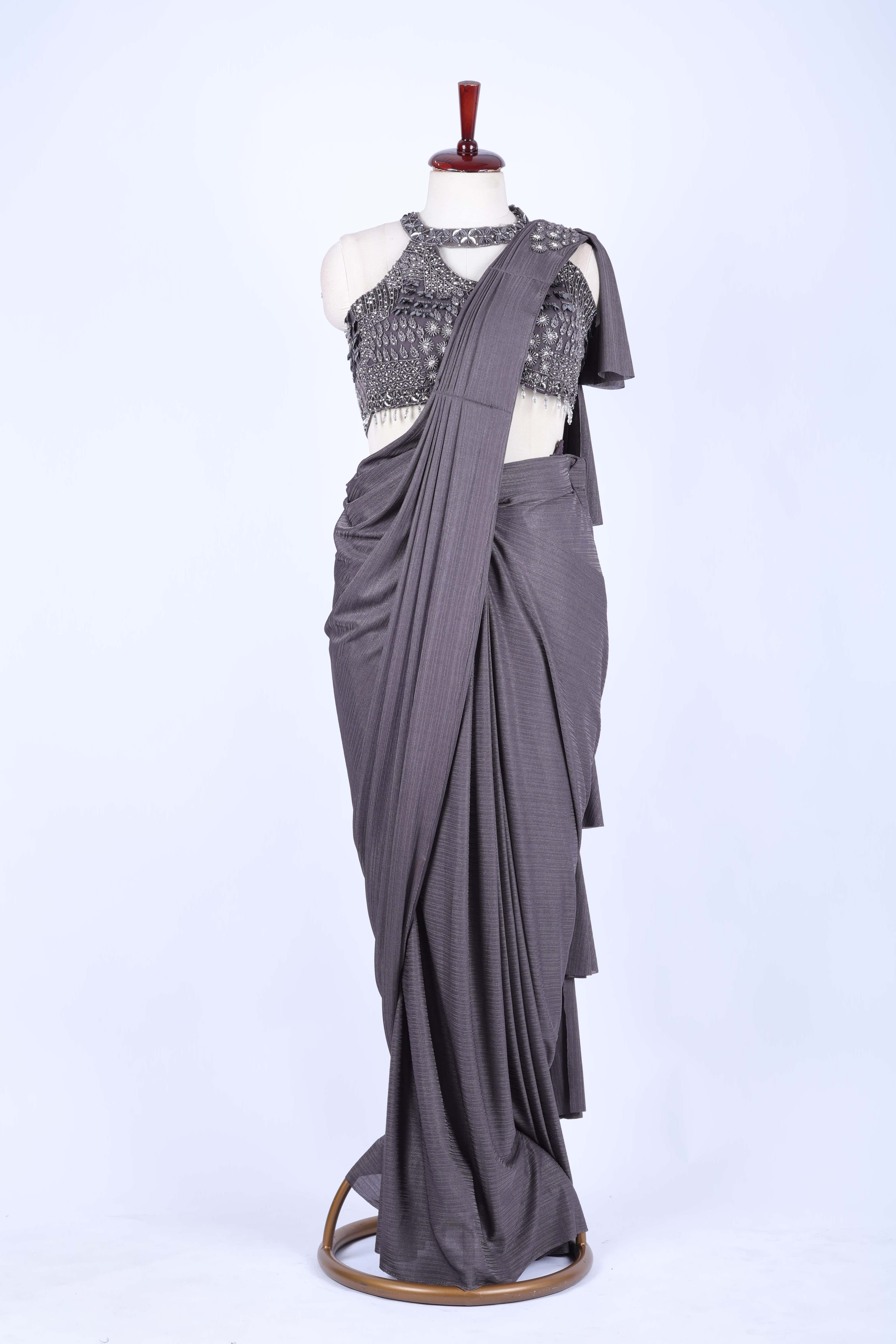 Charcoal grey pre-draped saree set