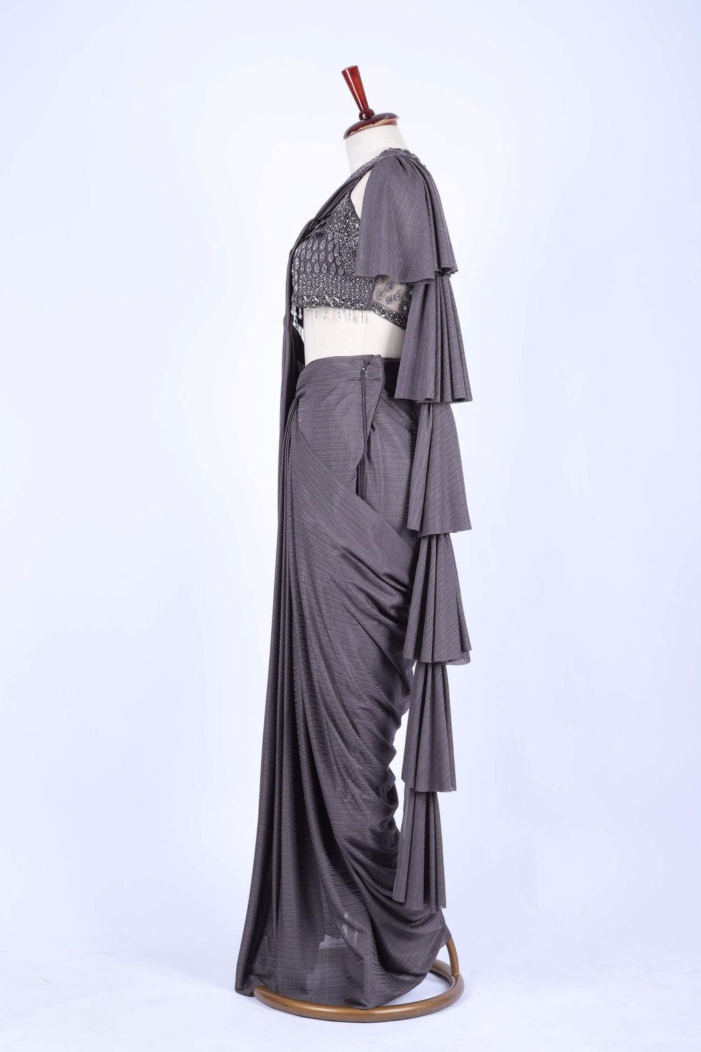 Charcoal grey pre-draped saree set