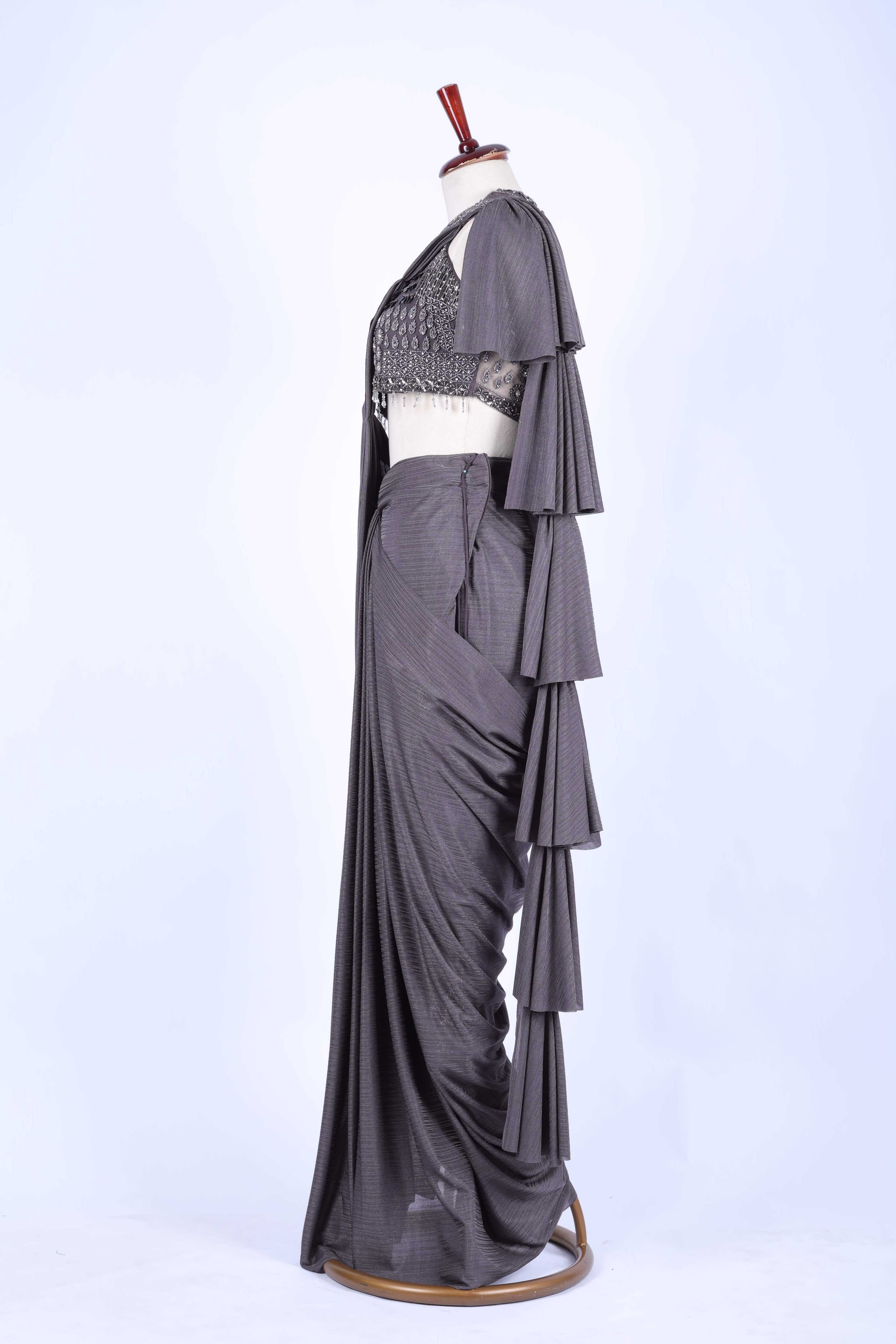 Charcoal grey pre-draped saree set