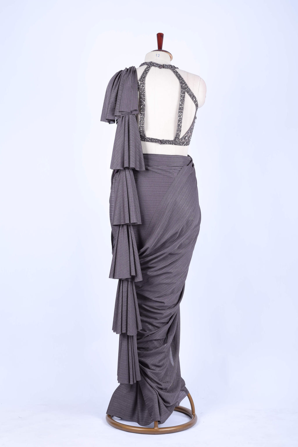Charcoal grey pre-draped saree set