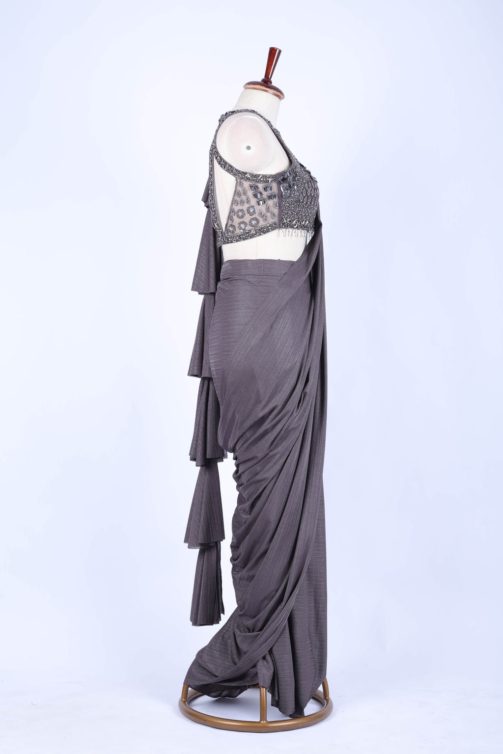 Charcoal grey pre-draped saree set