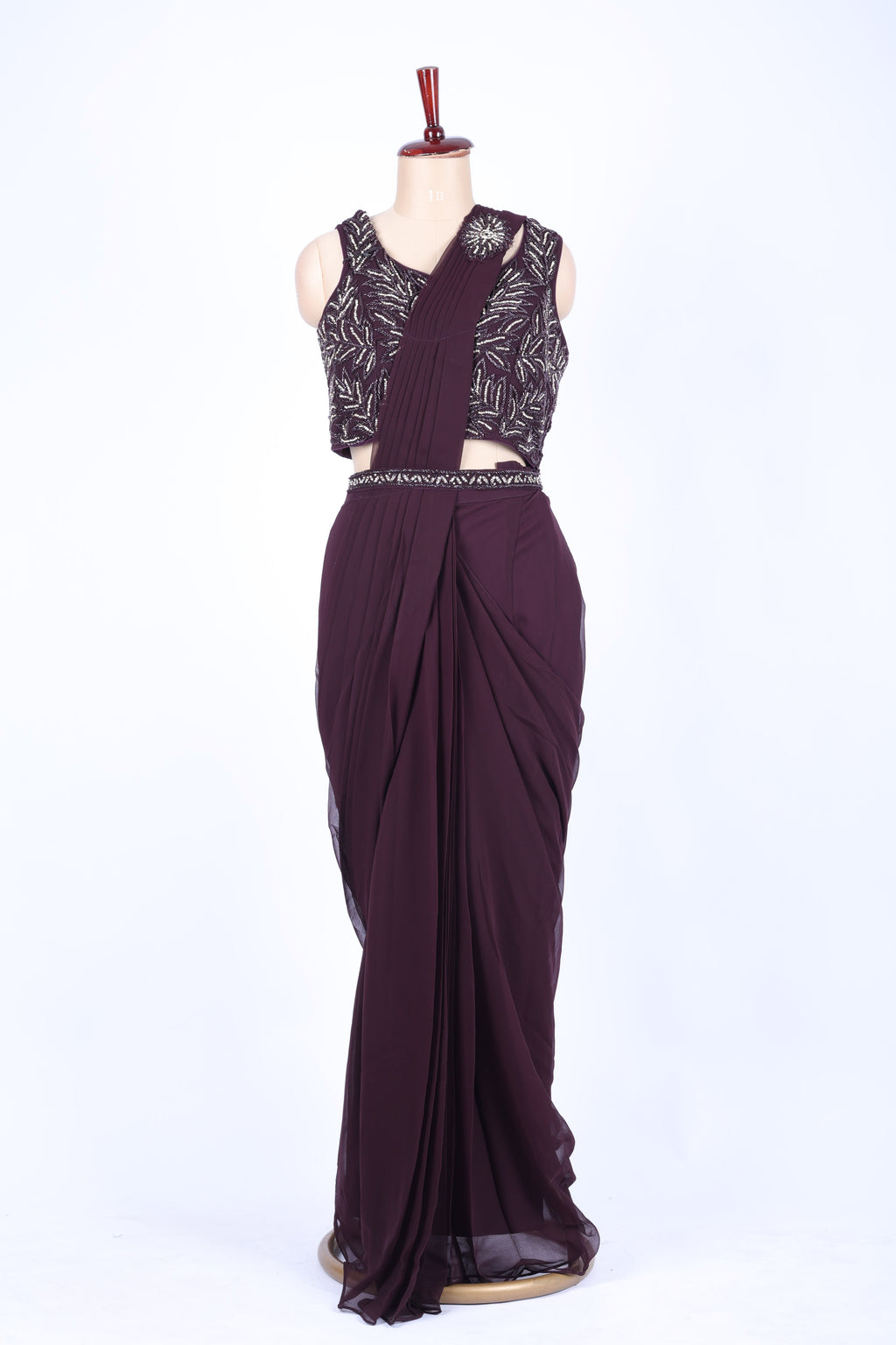 Deep plum pre-draped saree set