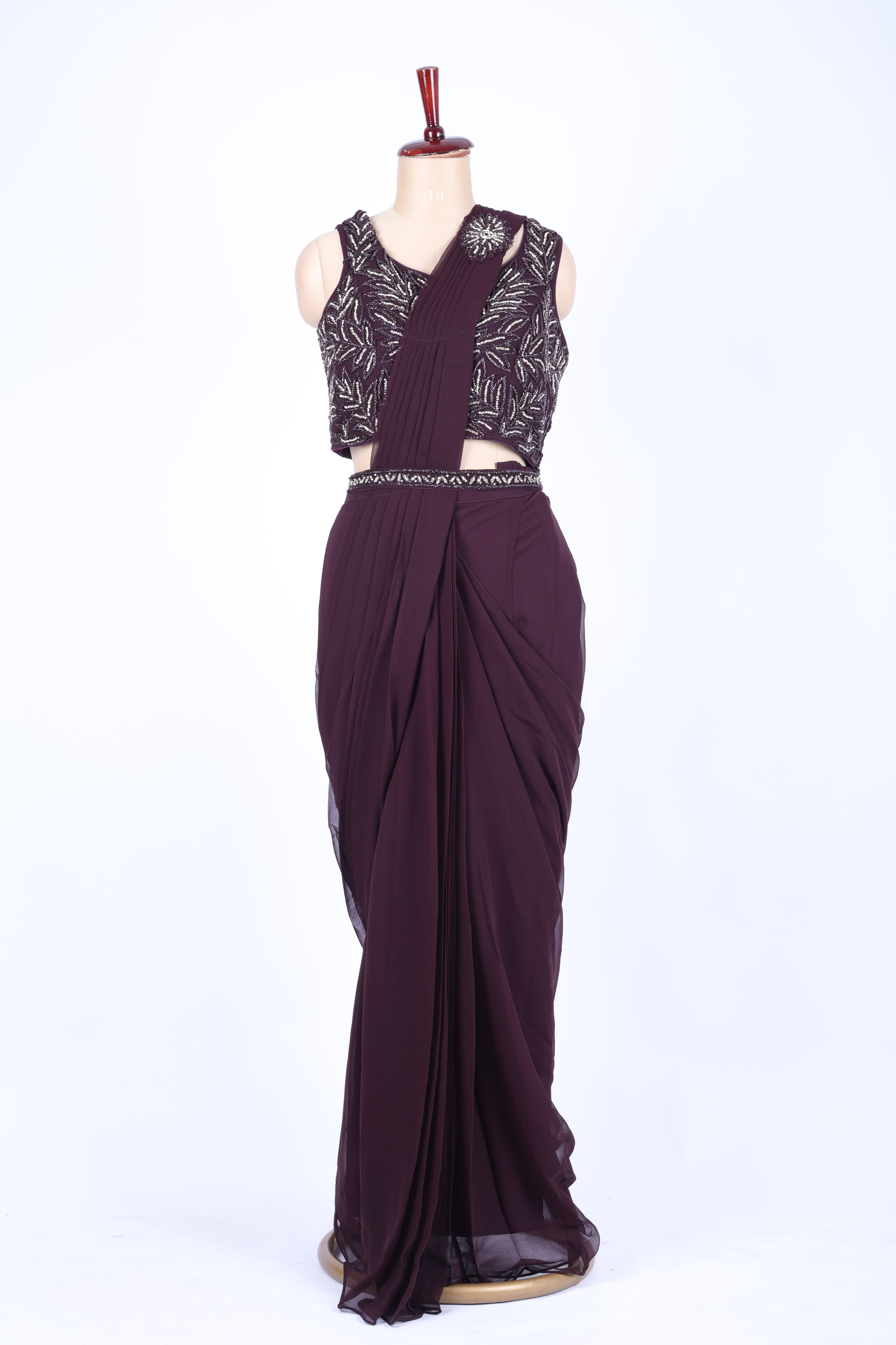 Deep plum pre-draped saree set