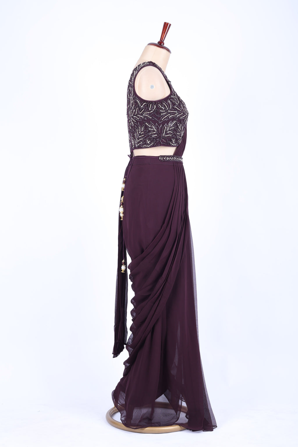 Deep plum pre-draped saree set