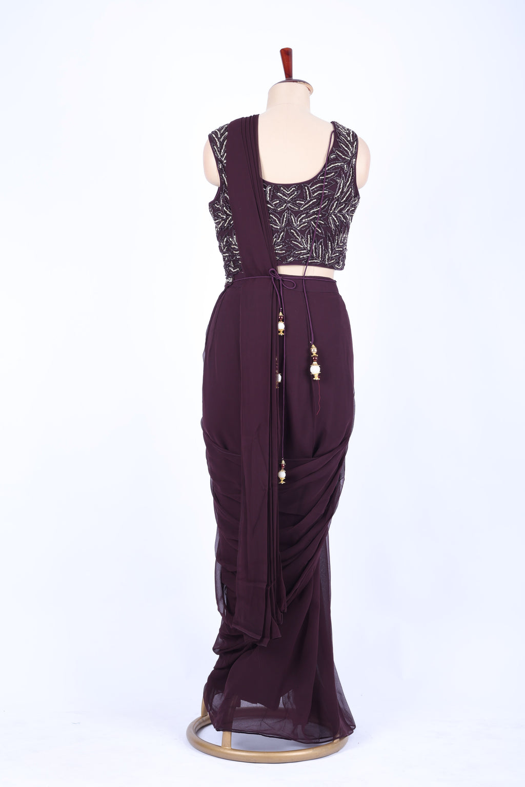 Deep plum pre-draped saree set
