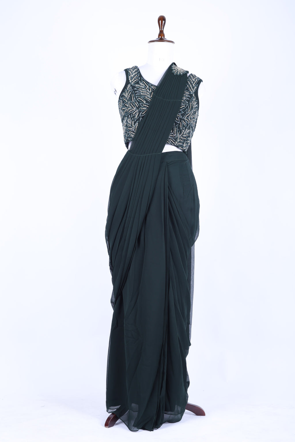 Emerald green pre-draped saree set