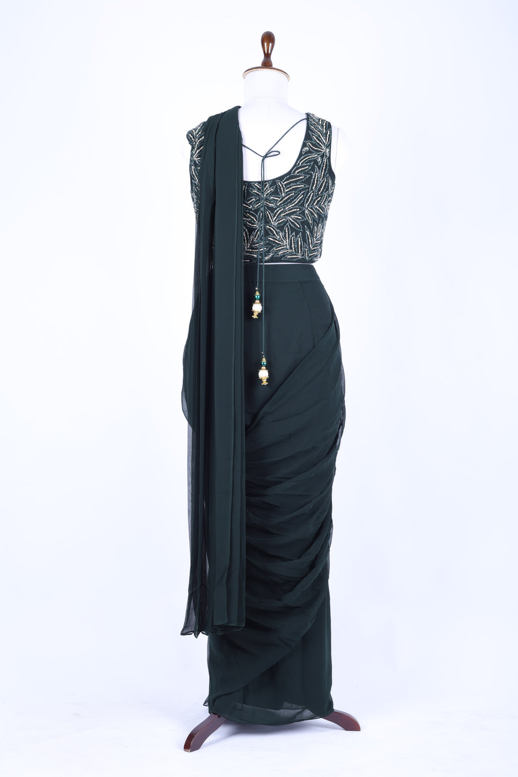 Emerald green pre-draped saree set