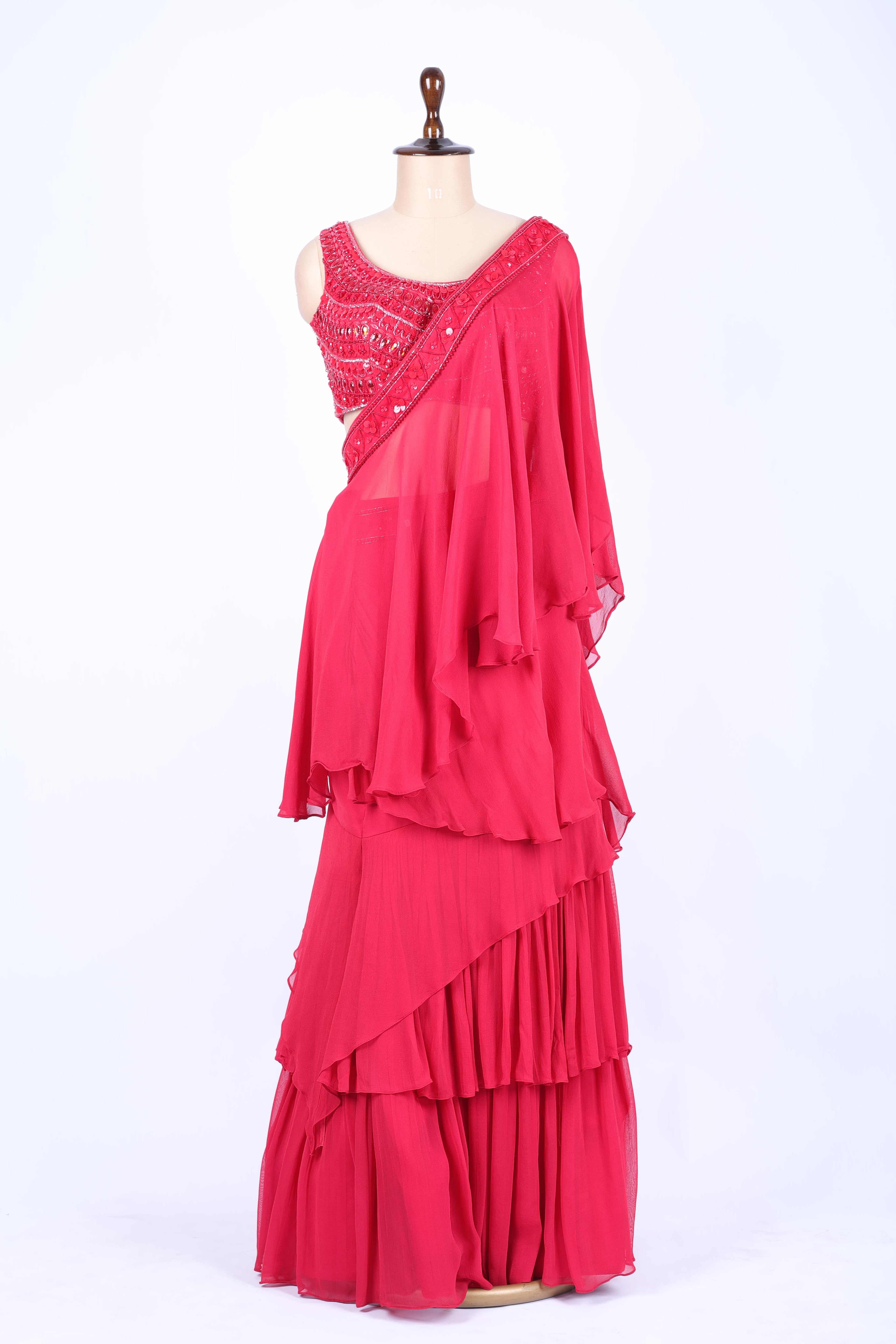 Raspberry pink pre-draped saree set