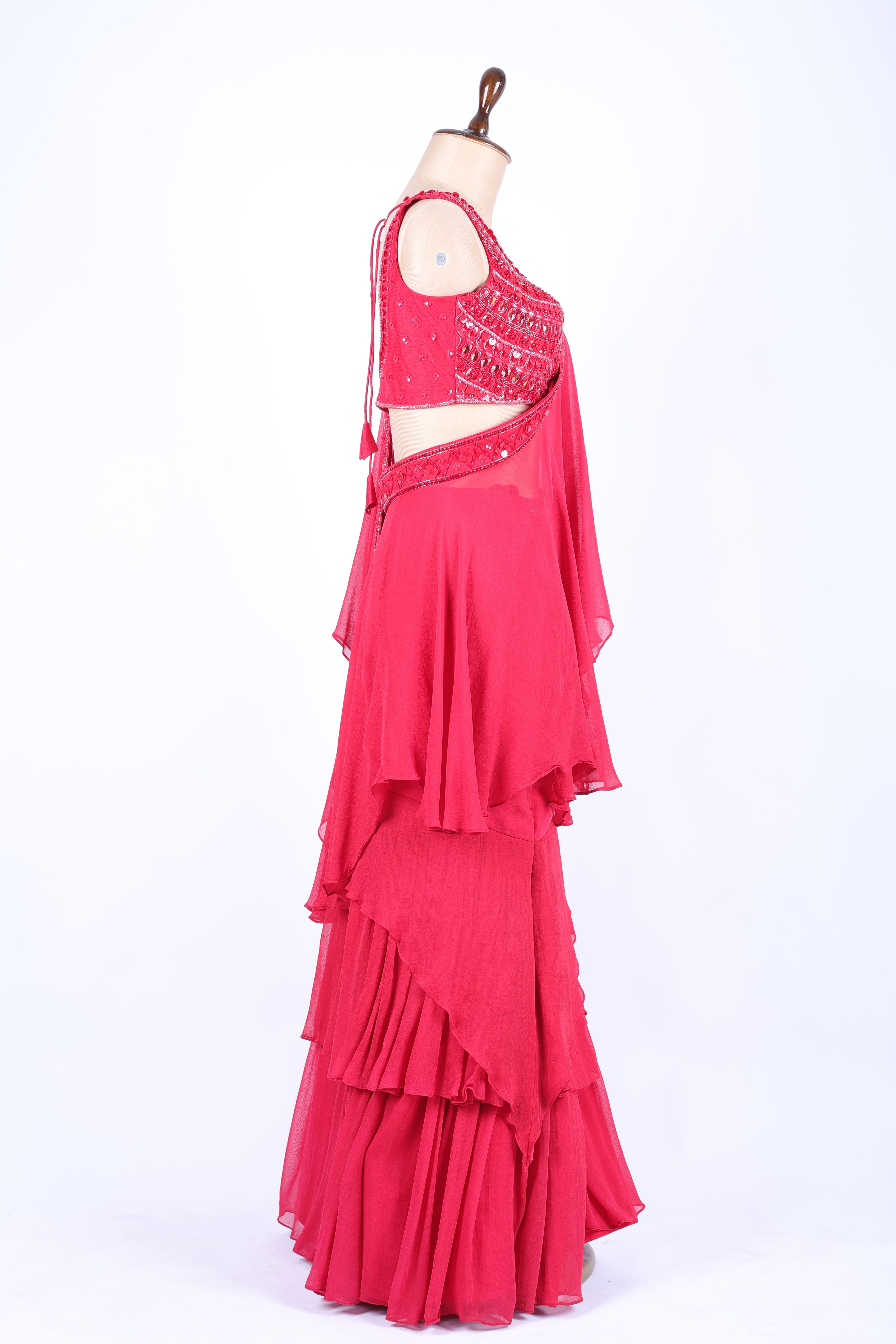 Raspberry pink pre-draped saree set