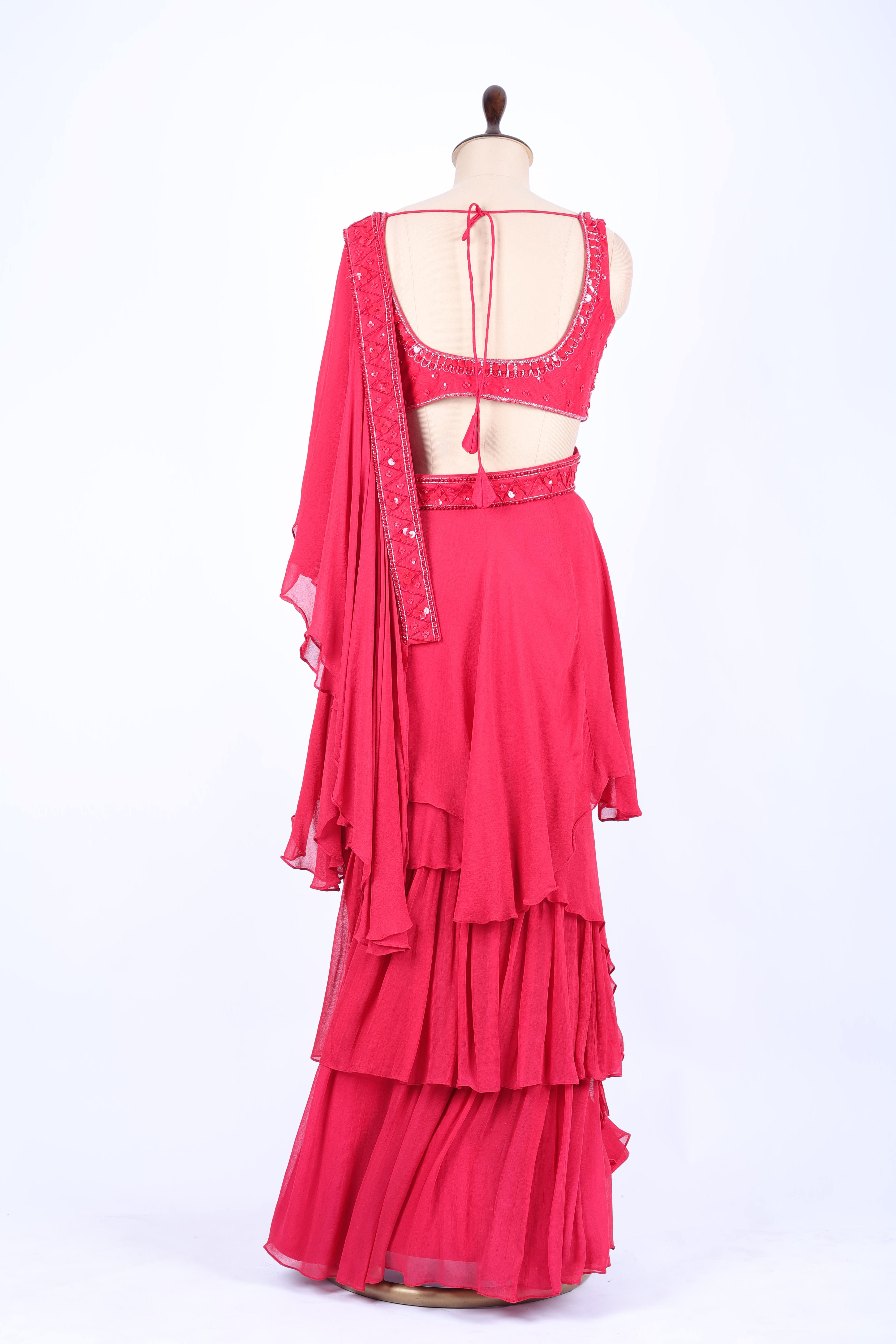 Raspberry pink pre-draped saree set