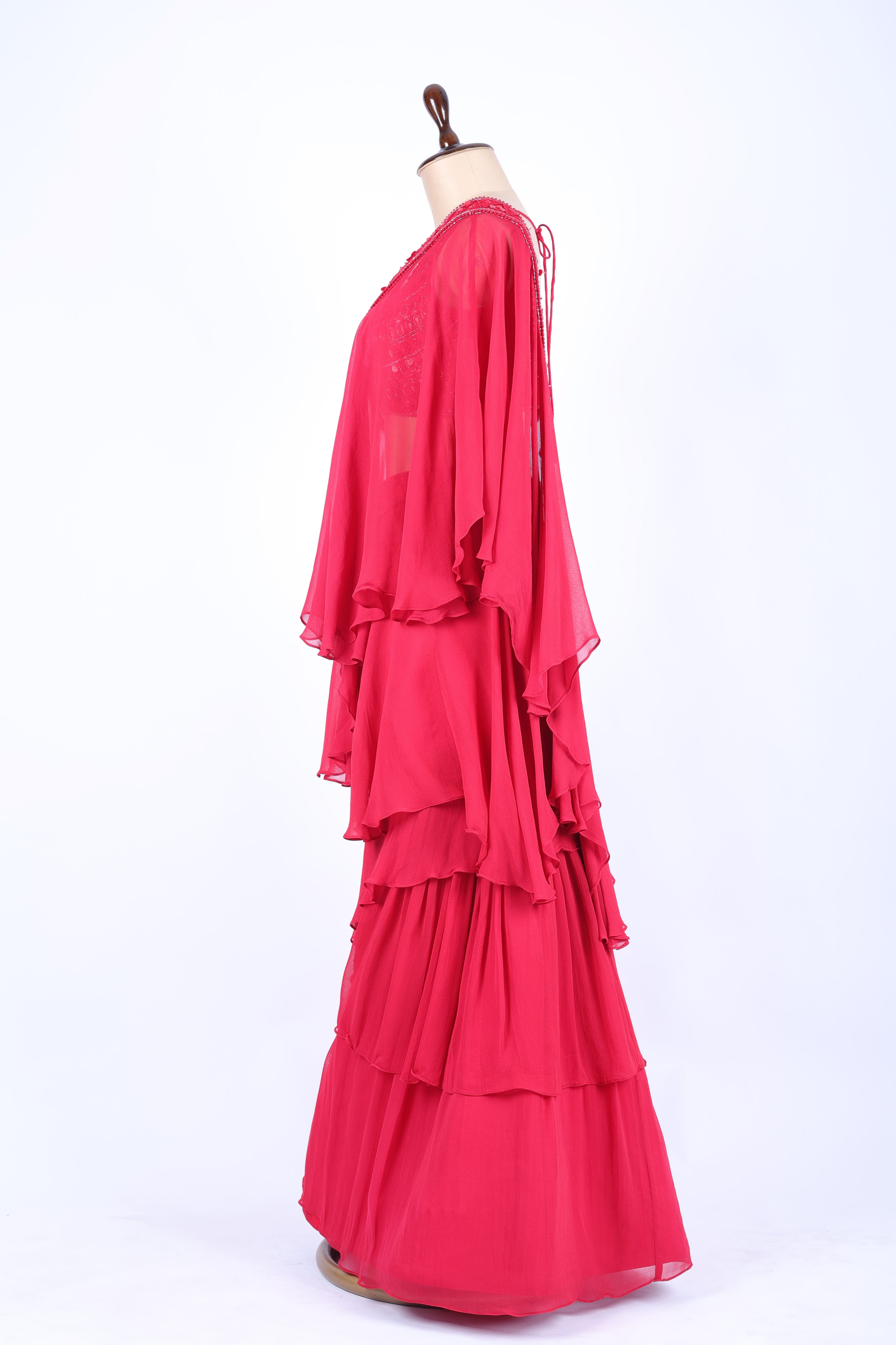 Raspberry pink pre-draped saree set