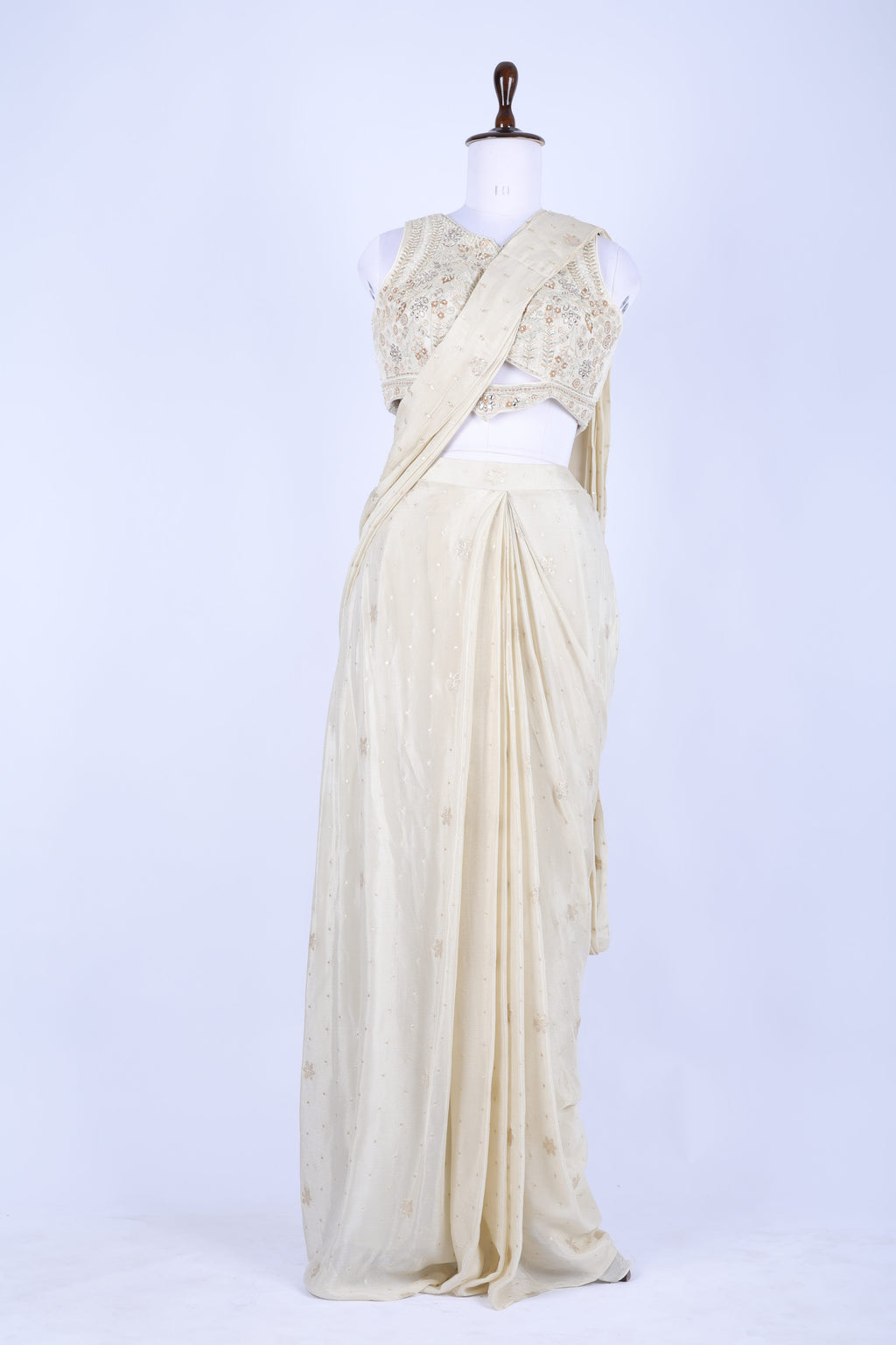 Ivory pre-draped saree set