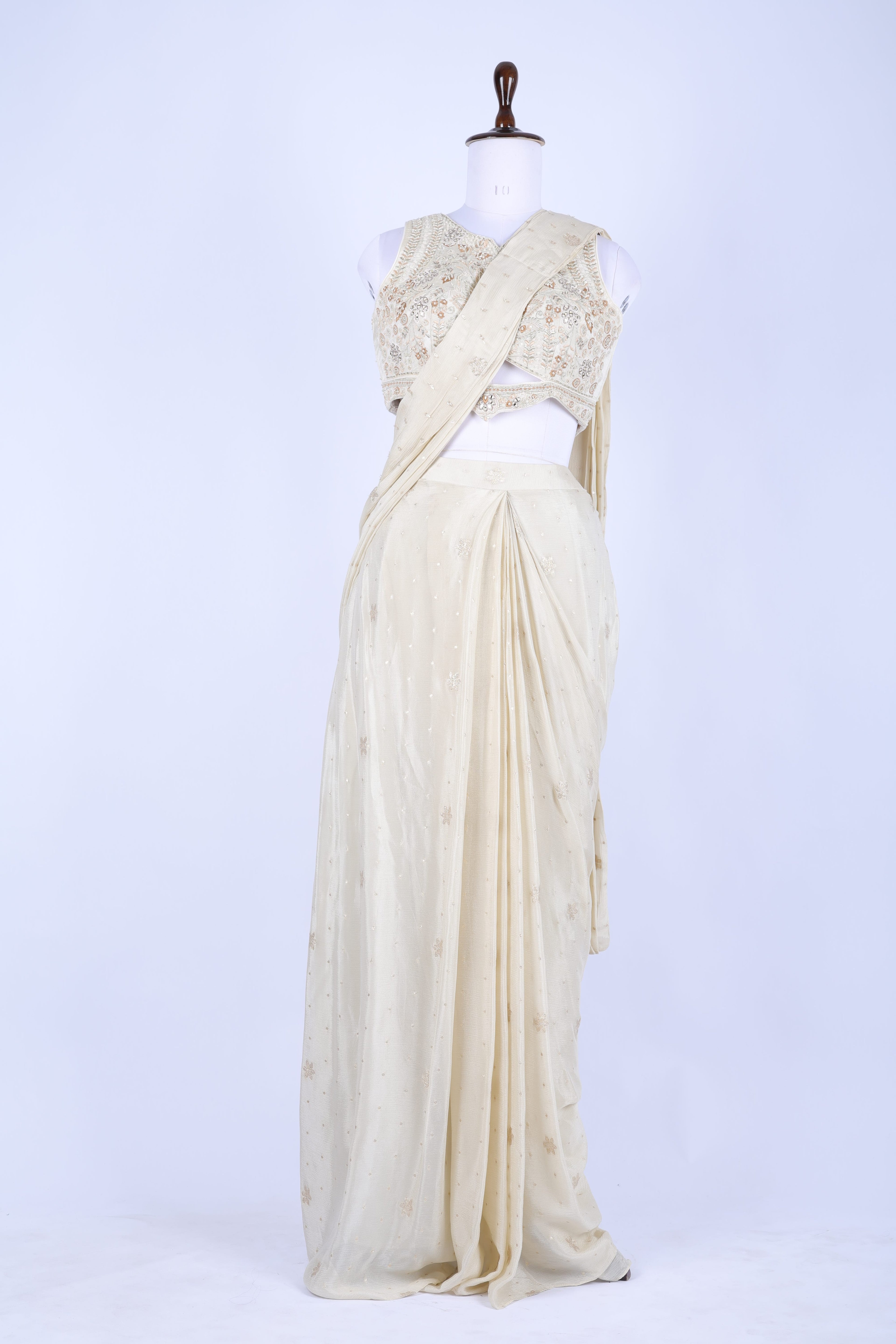 Ivory pre-draped saree set