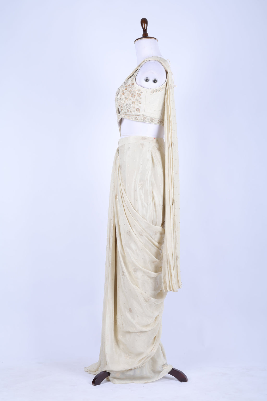 Ivory pre-draped saree set