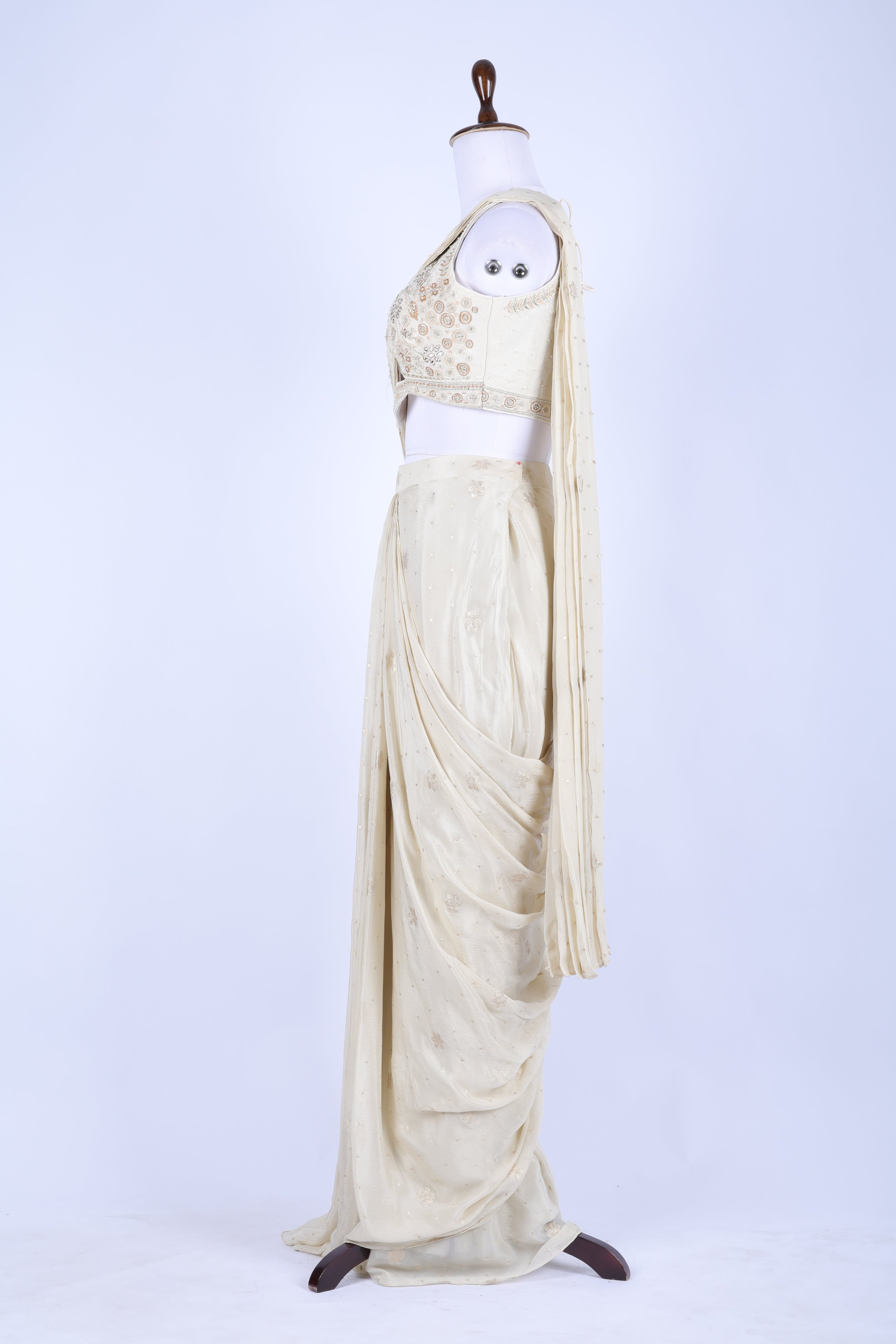 Ivory pre-draped saree set
