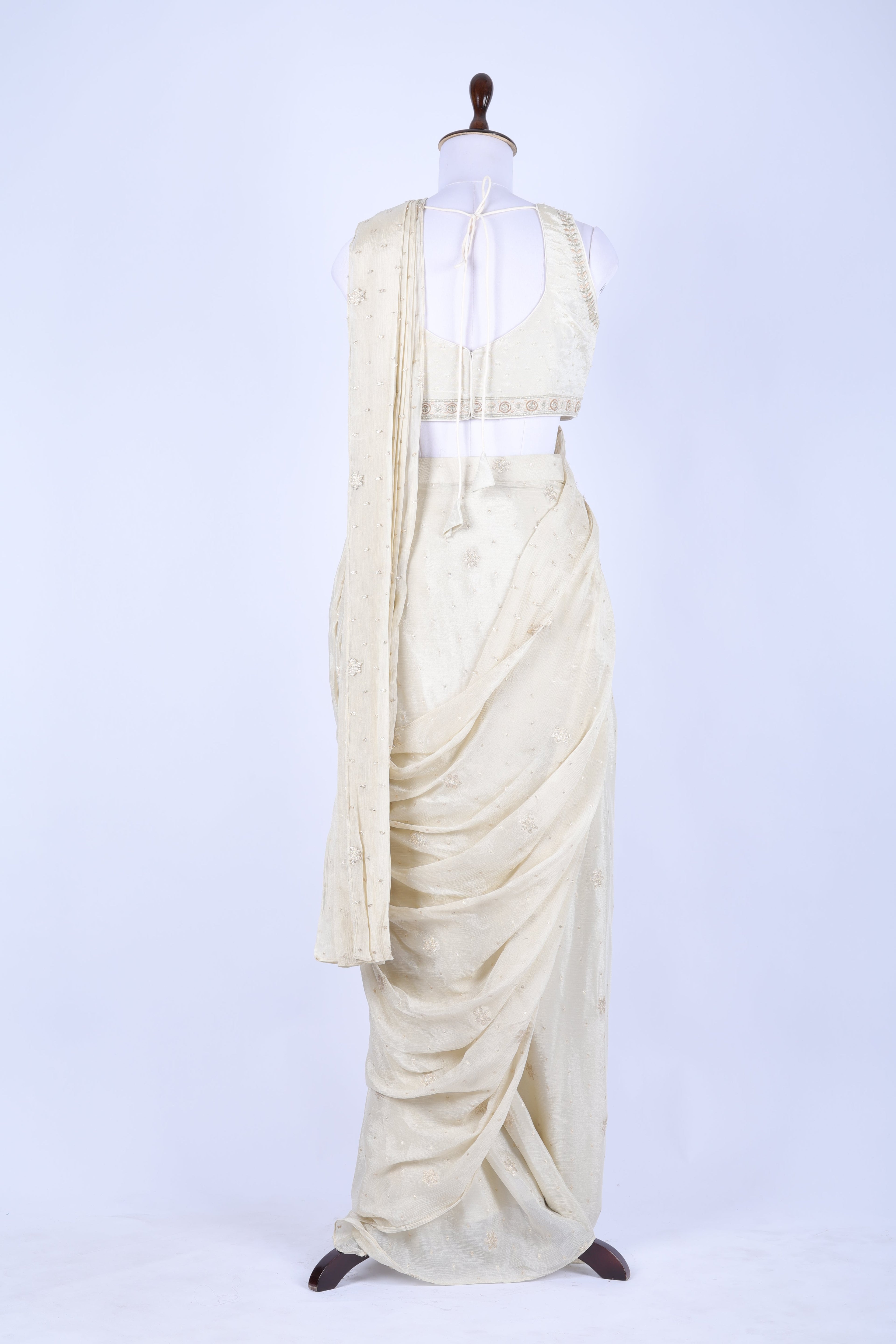 Ivory pre-draped saree set
