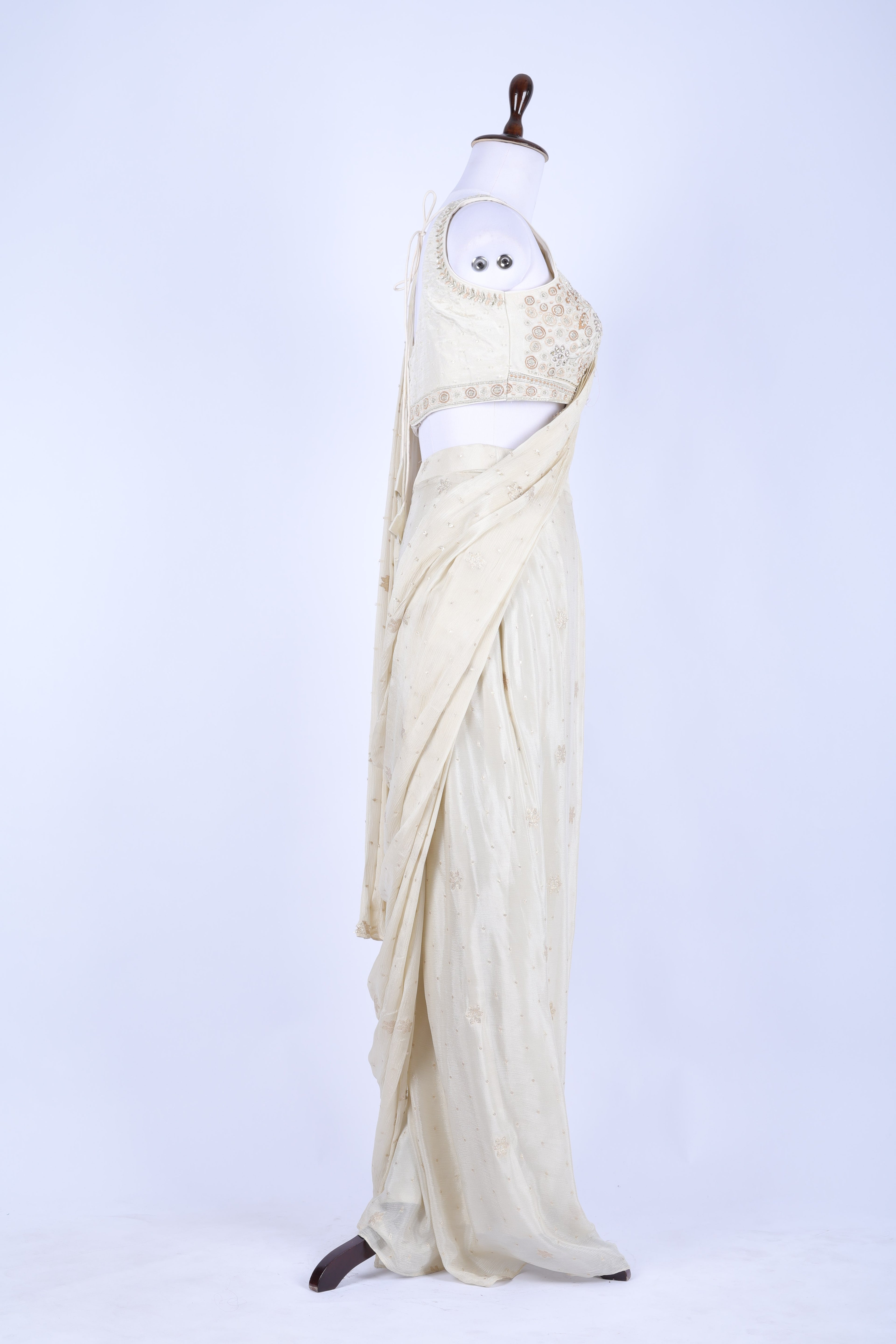 Ivory pre-draped saree set