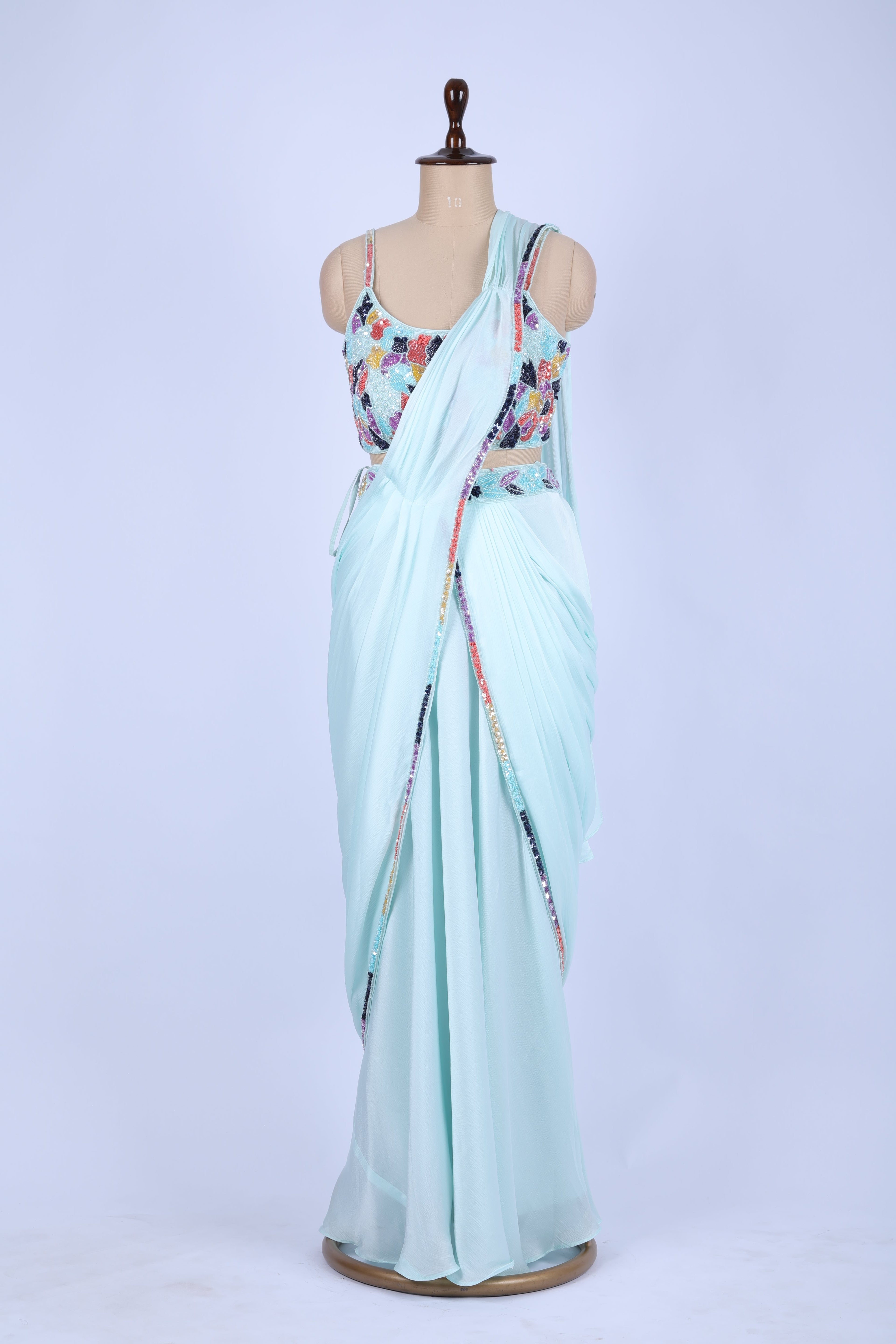 Mint green pre-draped saree set