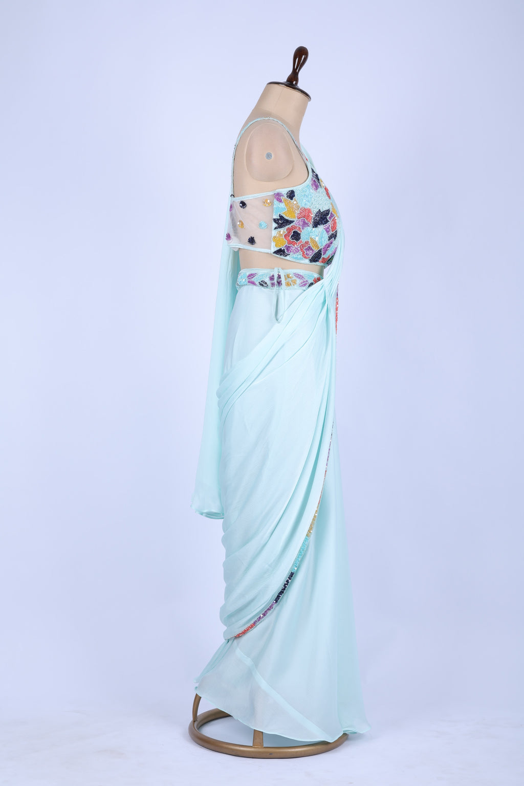 Mint green pre-draped saree set