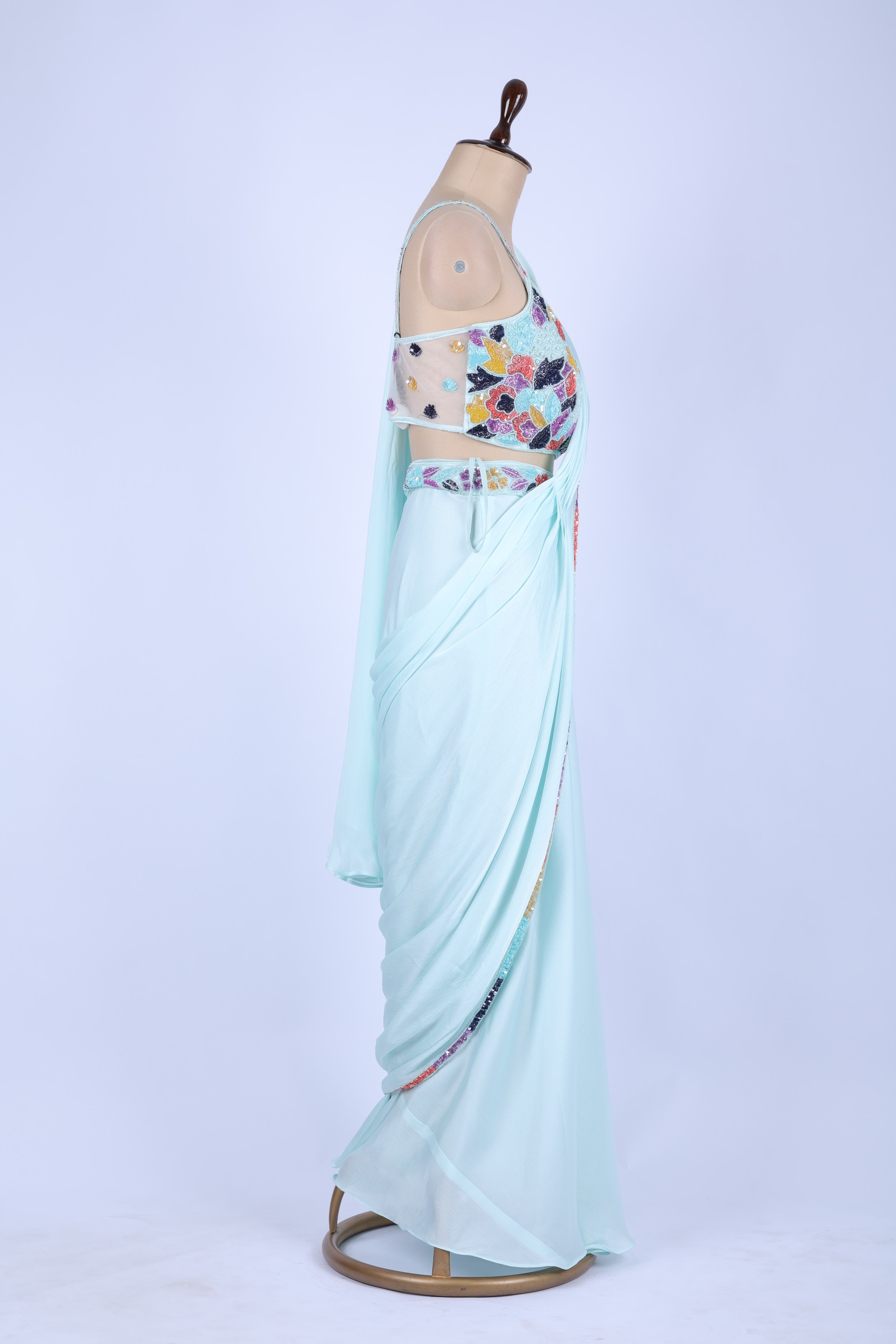 Mint green pre-draped saree set