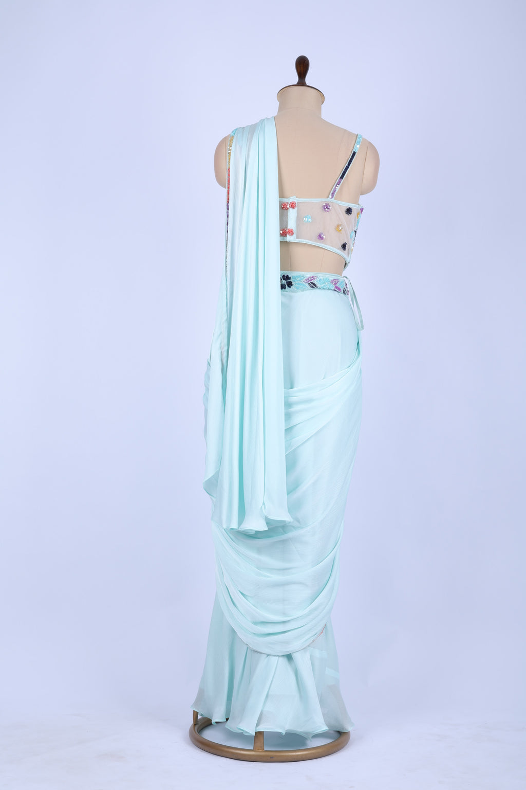 Mint green pre-draped saree set