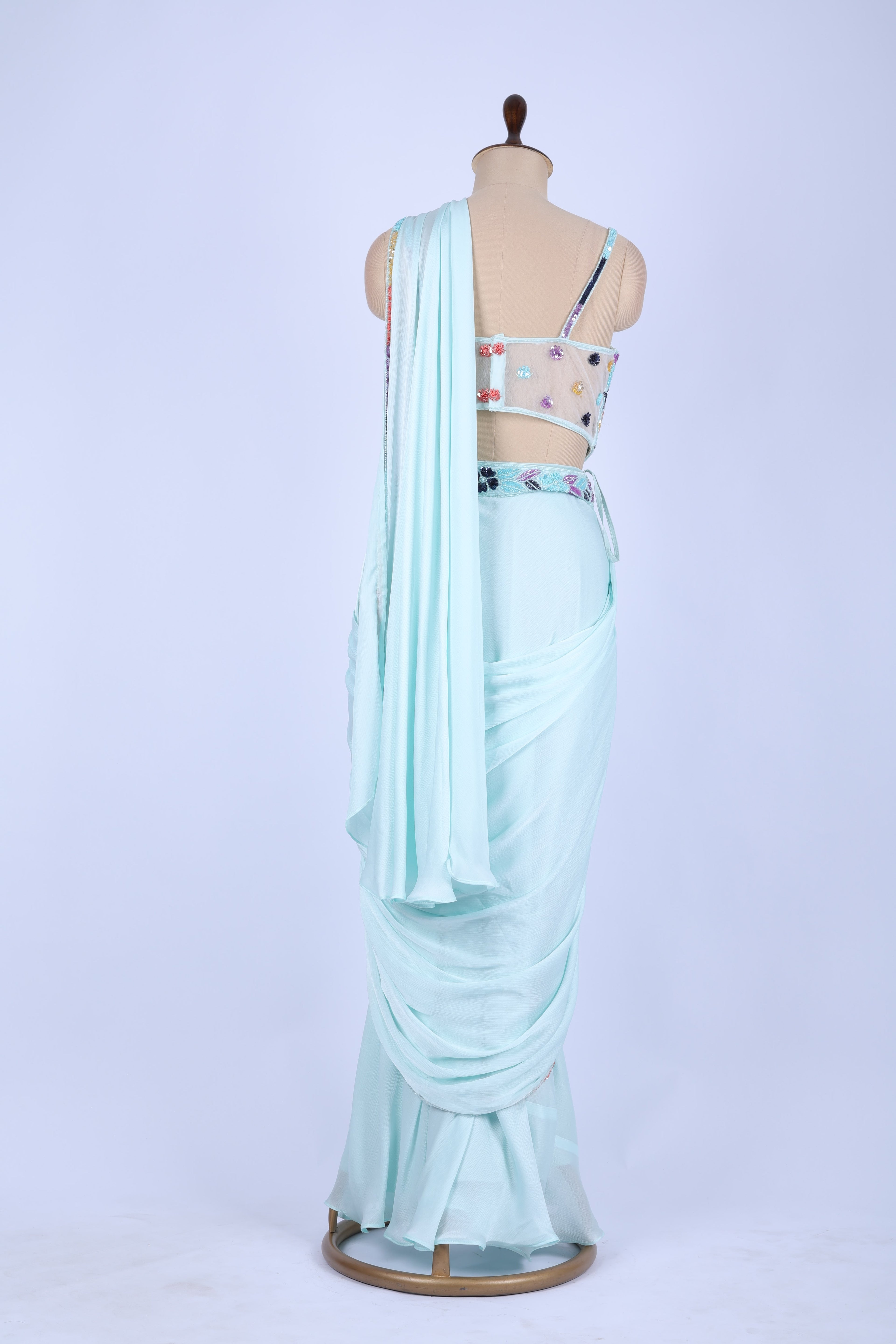 Mint green pre-draped saree set