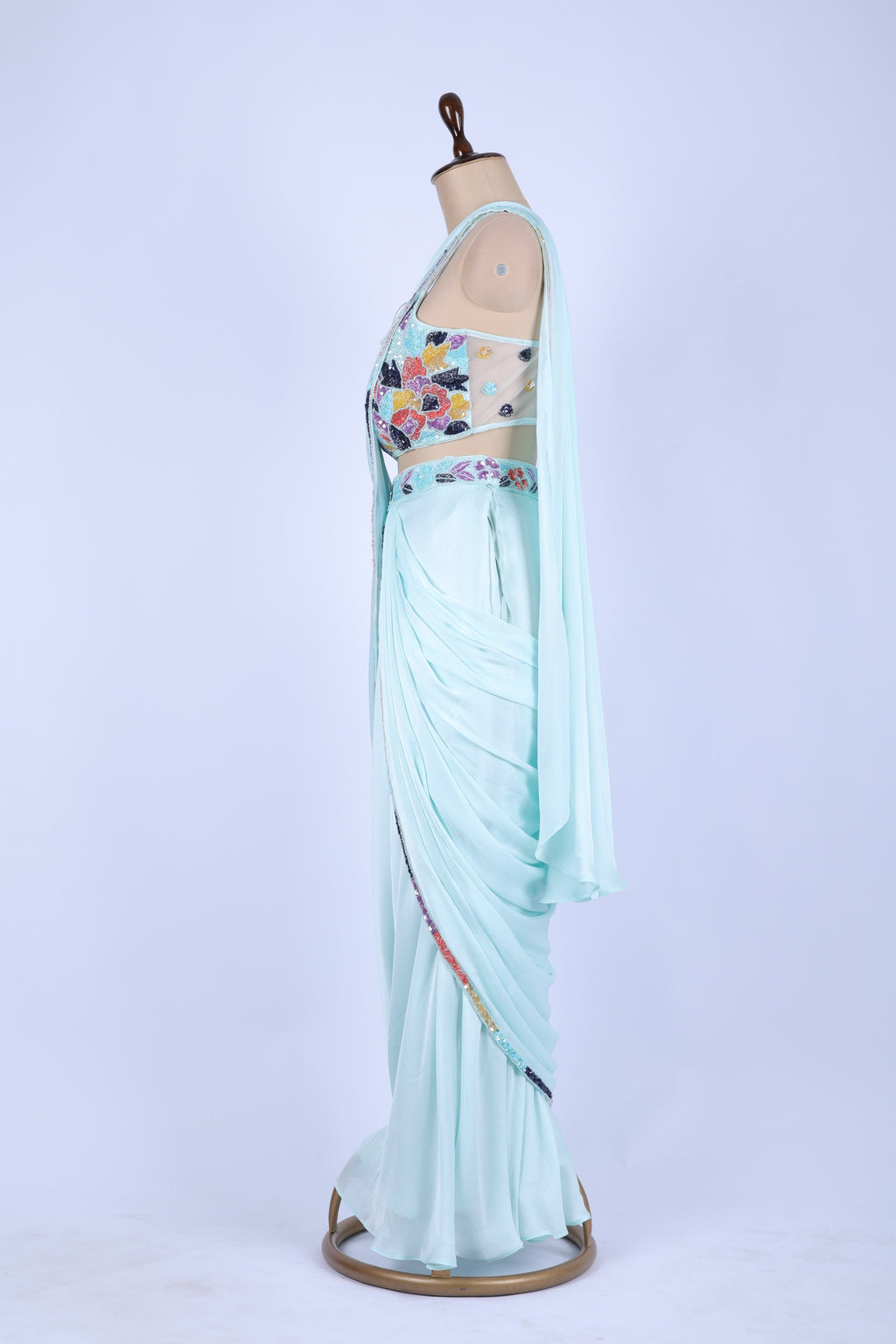 Mint green pre-draped saree set