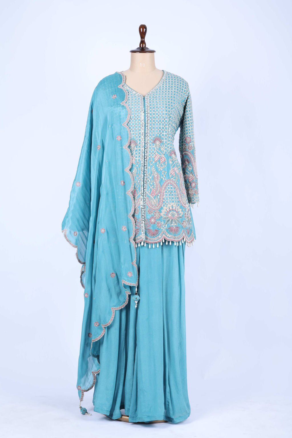 Aqua blue embroidered straight set