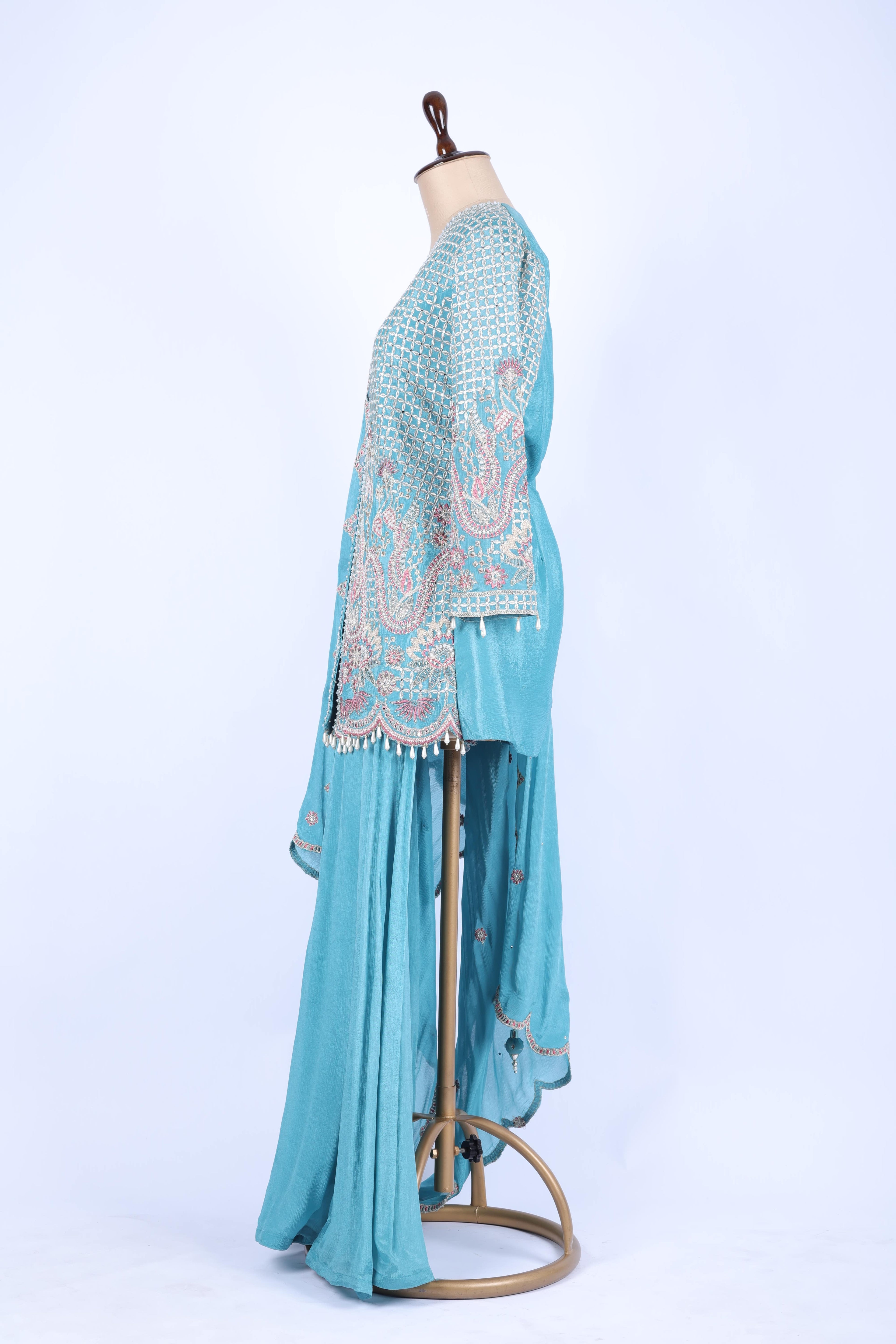 Aqua blue embroidered straight set