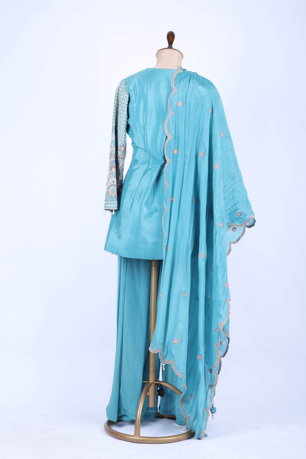 Aqua blue embroidered straight set