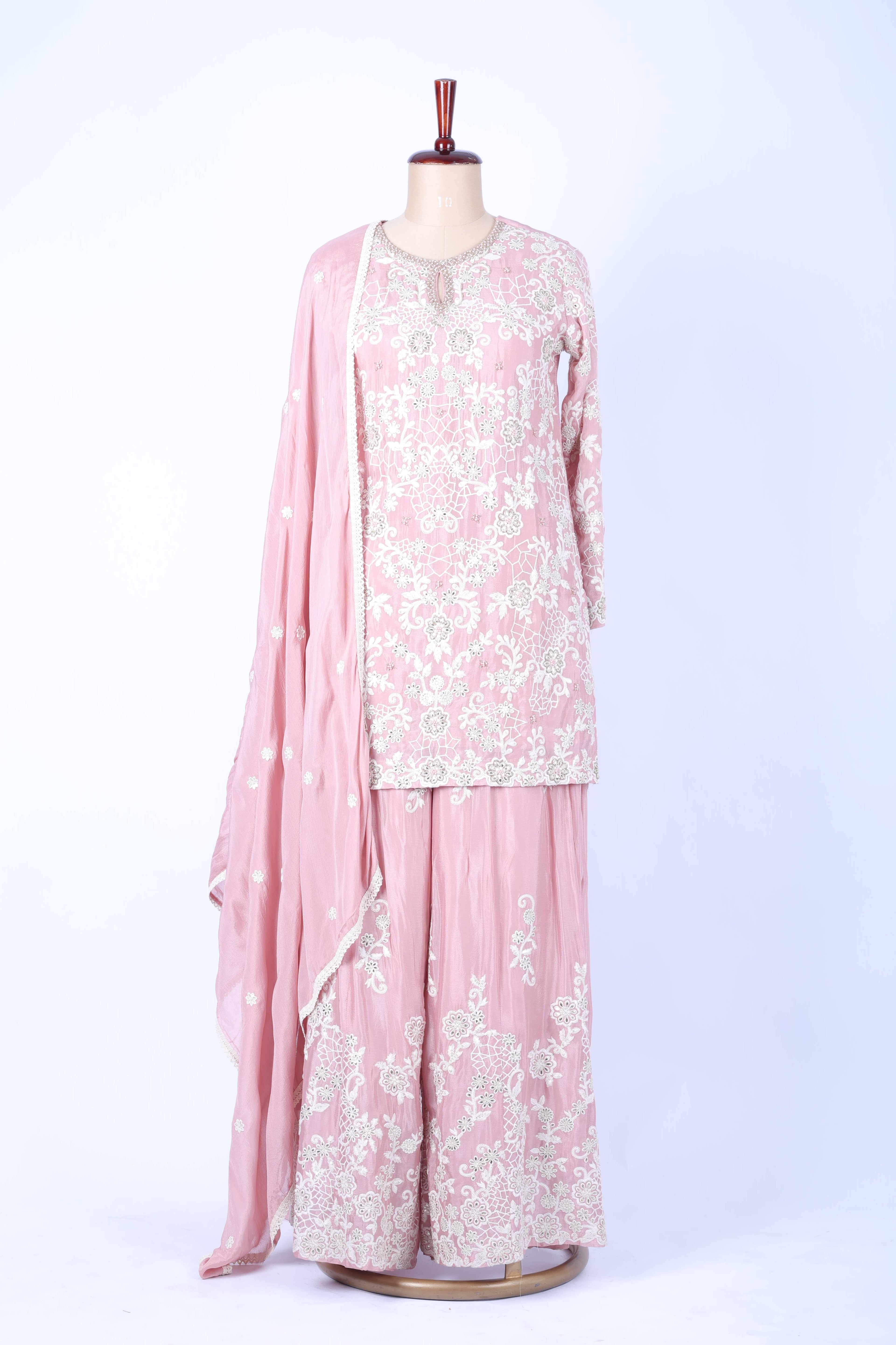Pastel pink embroidered straight set