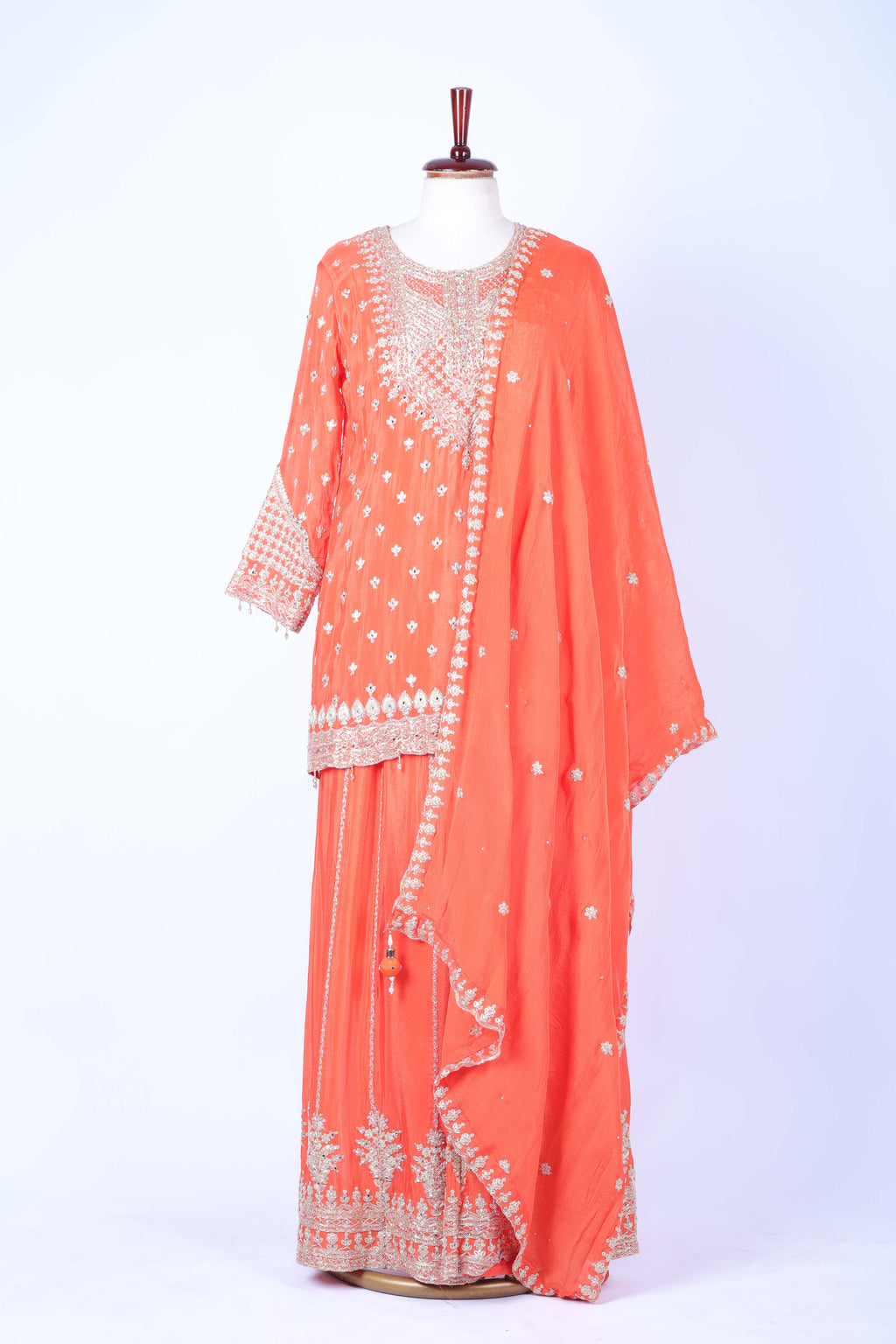 Peach orange embroidered straight set