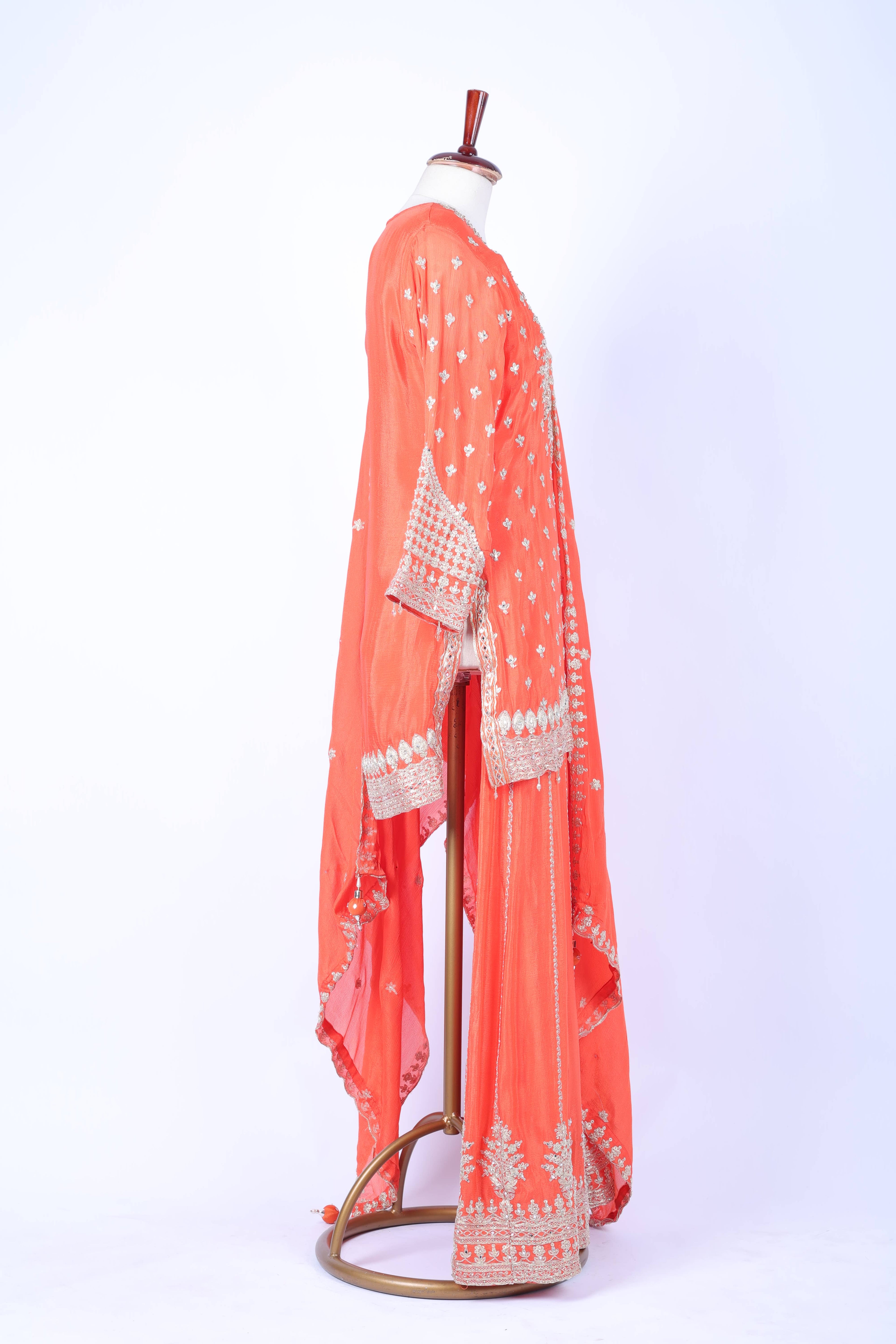 Peach orange embroidered straight set