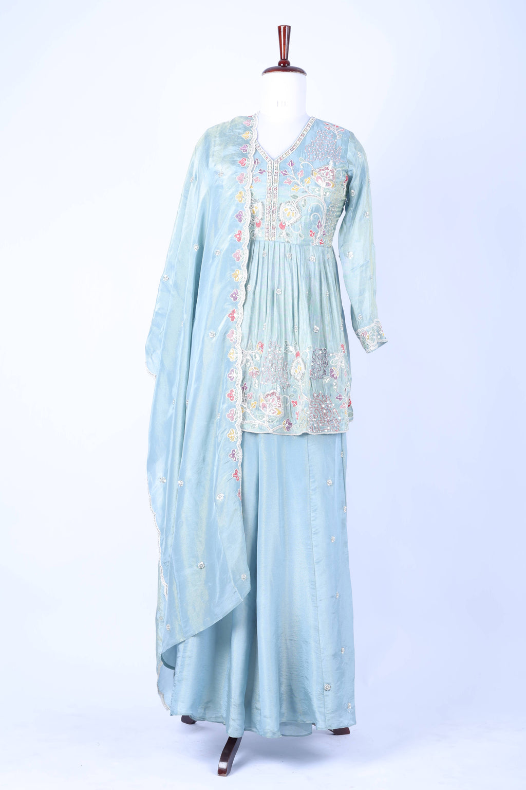 Powder blue embroidered peplum set