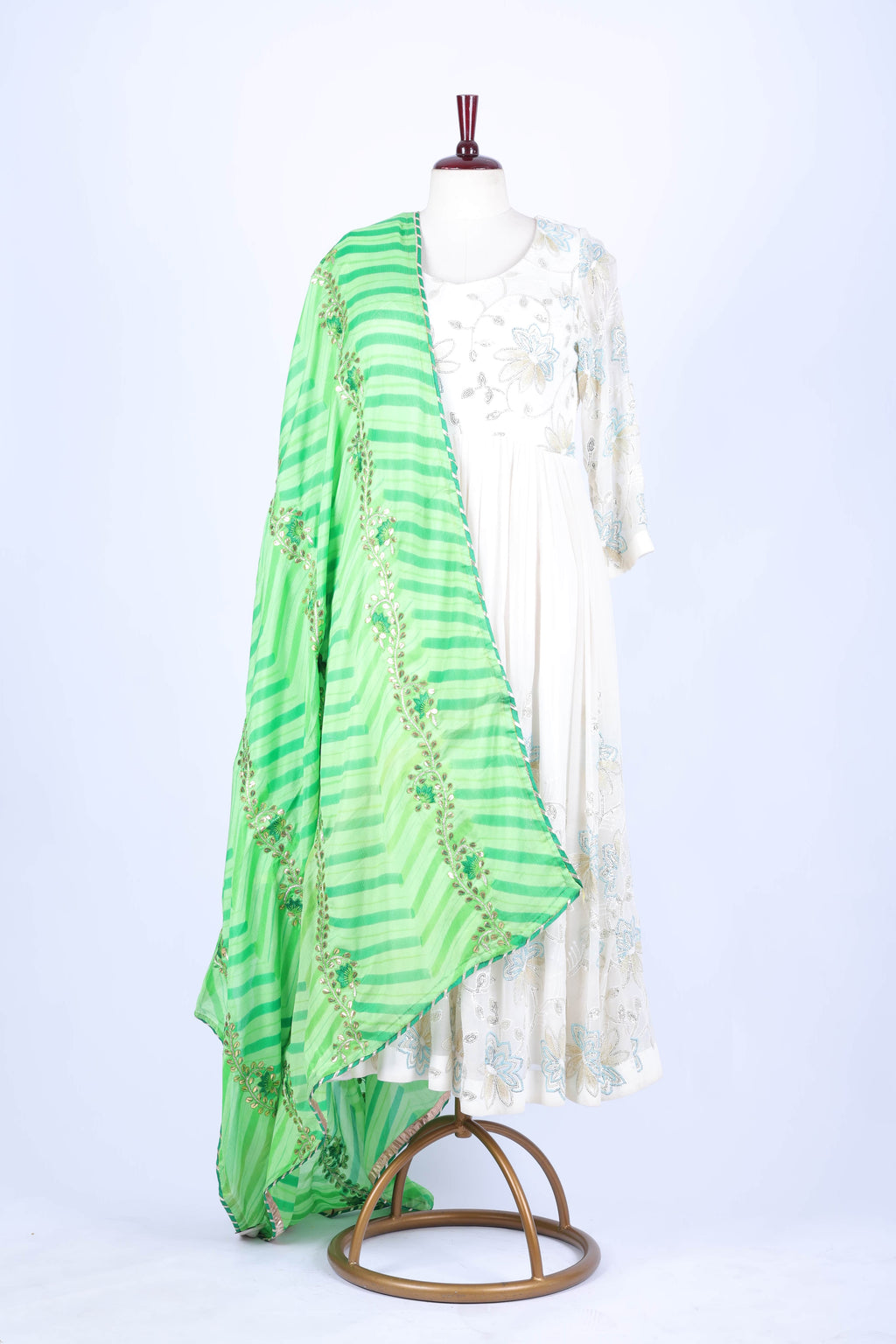 Lime Green Striped Embroidered Dupatta