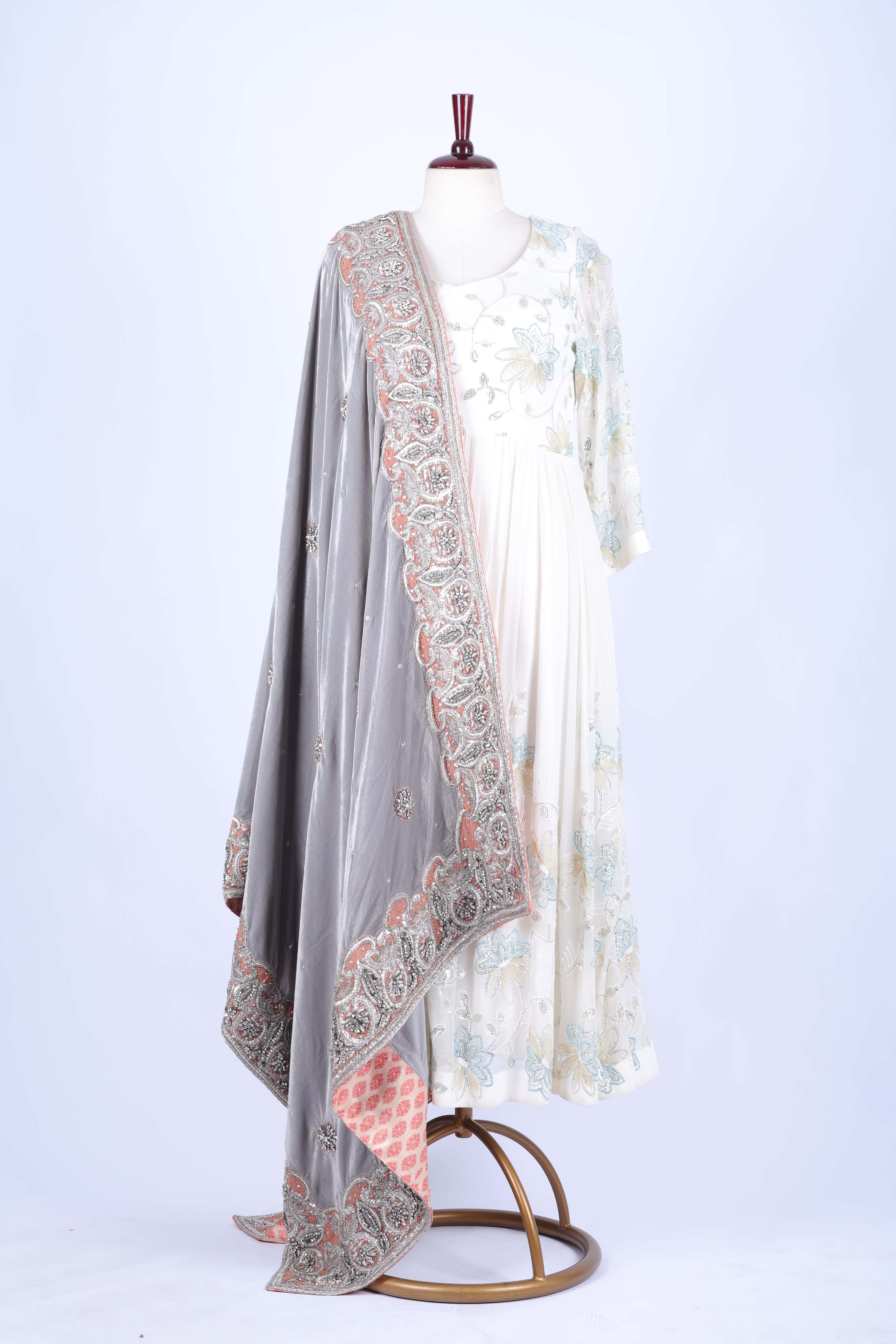Smoky Grey Velvet Embroidered Dupatta