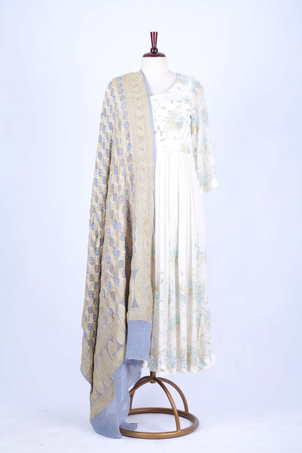 Beige and Blue Embroidered Dupatta
