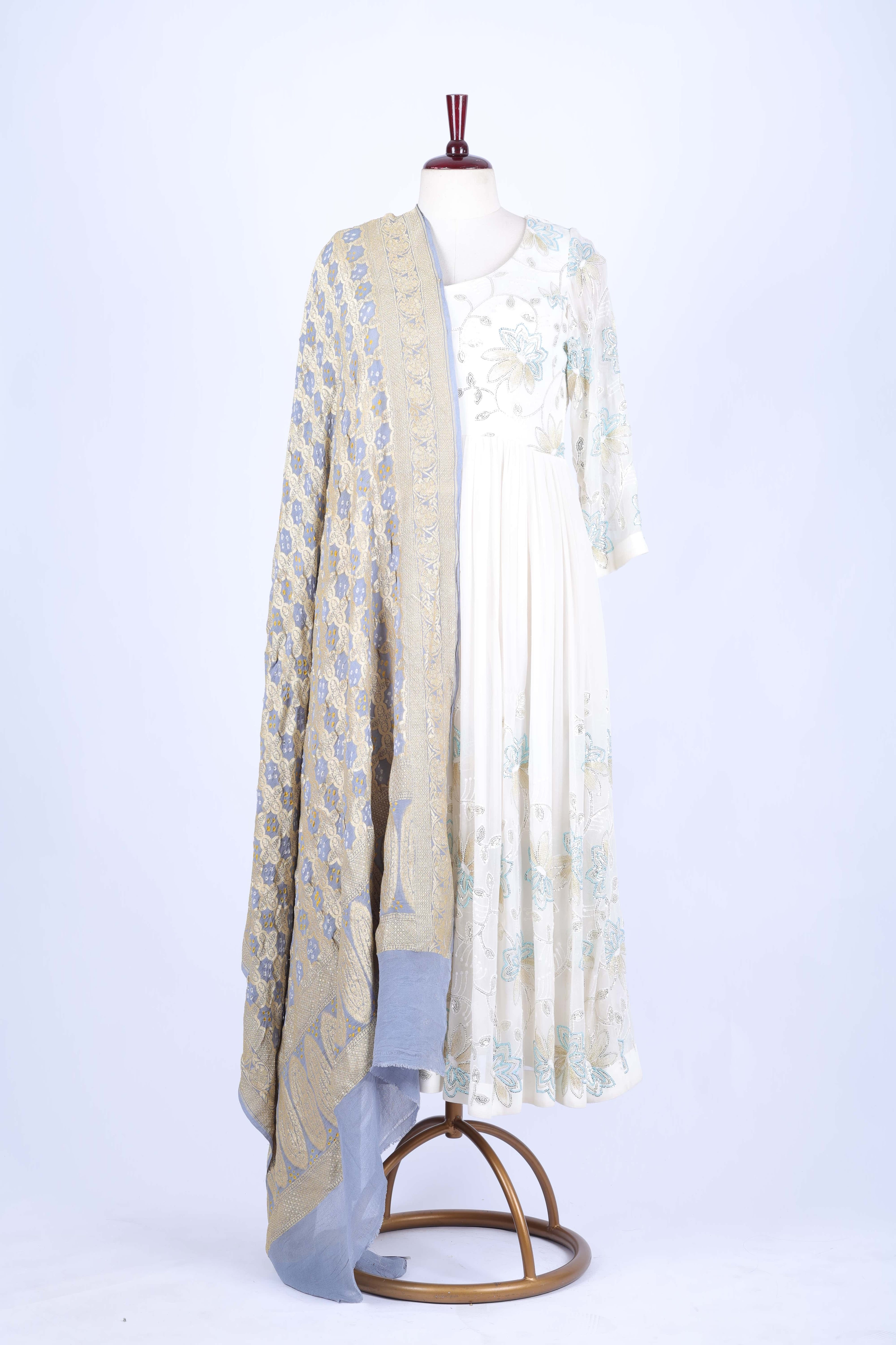 Beige and Blue Embroidered Dupatta