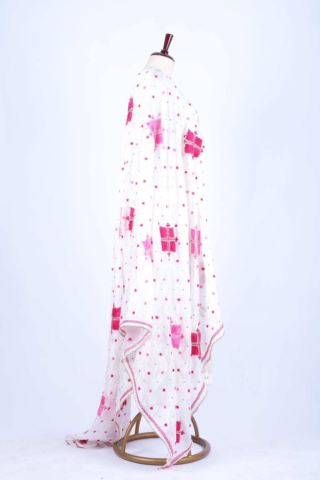 White and Pink Embroidered Dupatta