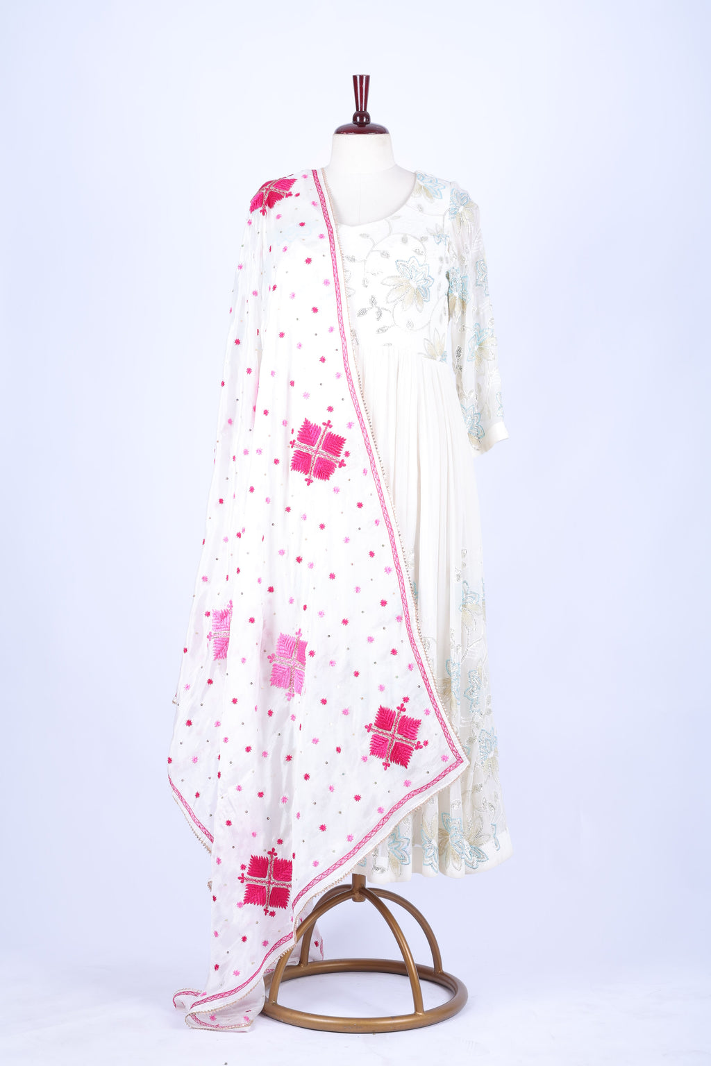 White and Pink Embroidered Dupatta