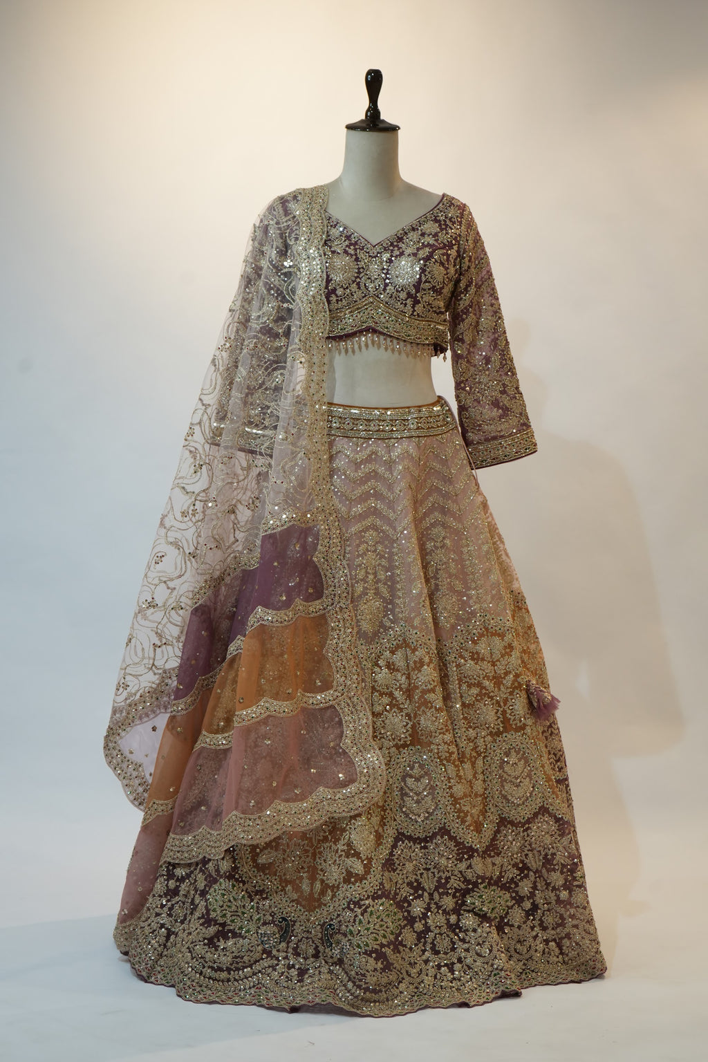 Mauve Gold Multi-Panel Bridal Lehenga Set