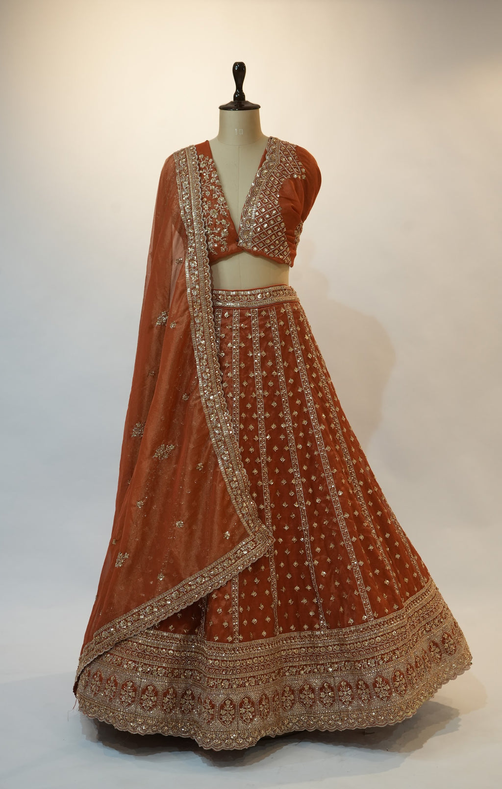Rust Orange Zari Sequin Embroidered Bridal Lehenga Set