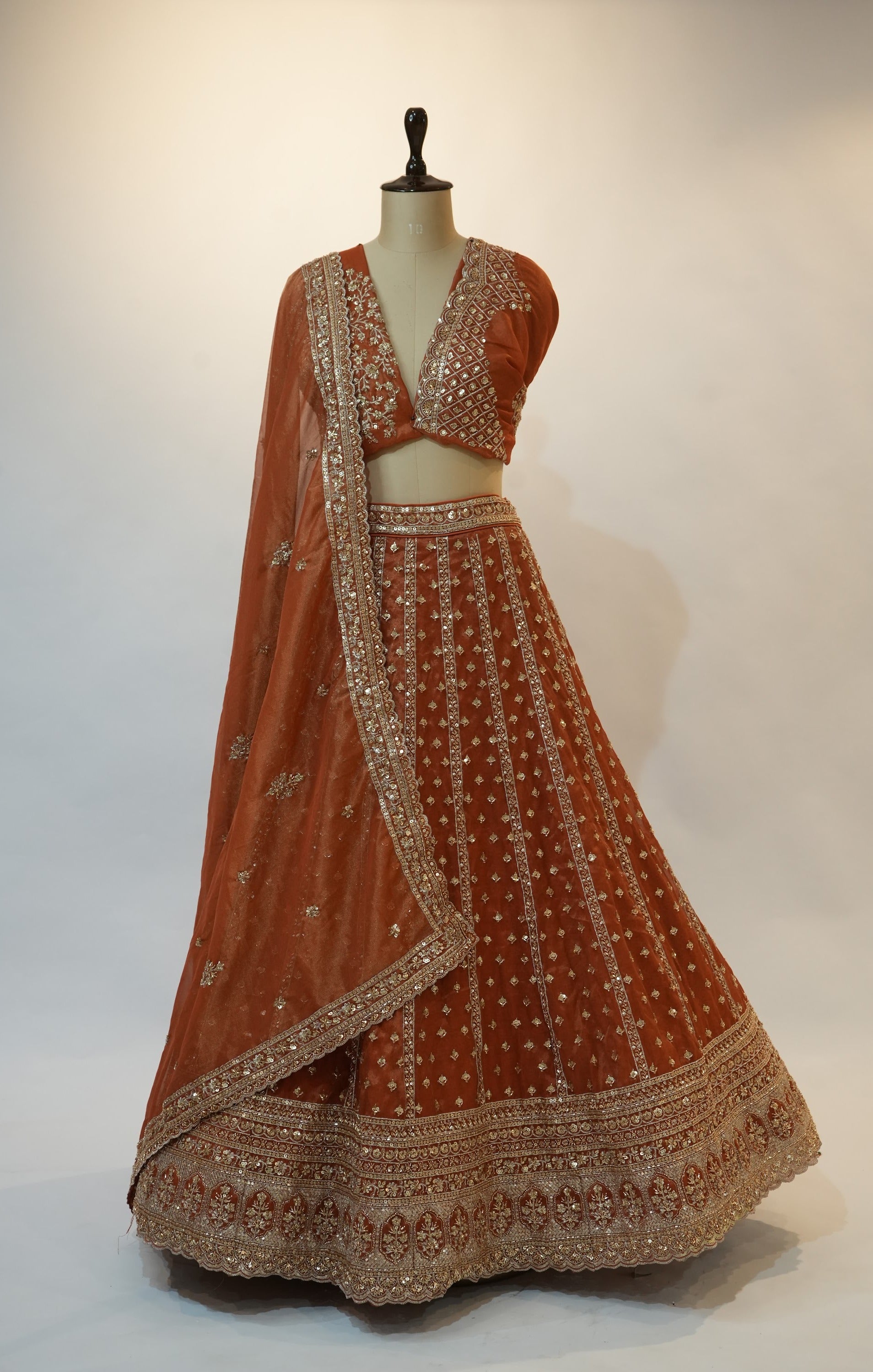 Rust Orange Zari Sequin Embroidered Bridal Lehenga Set