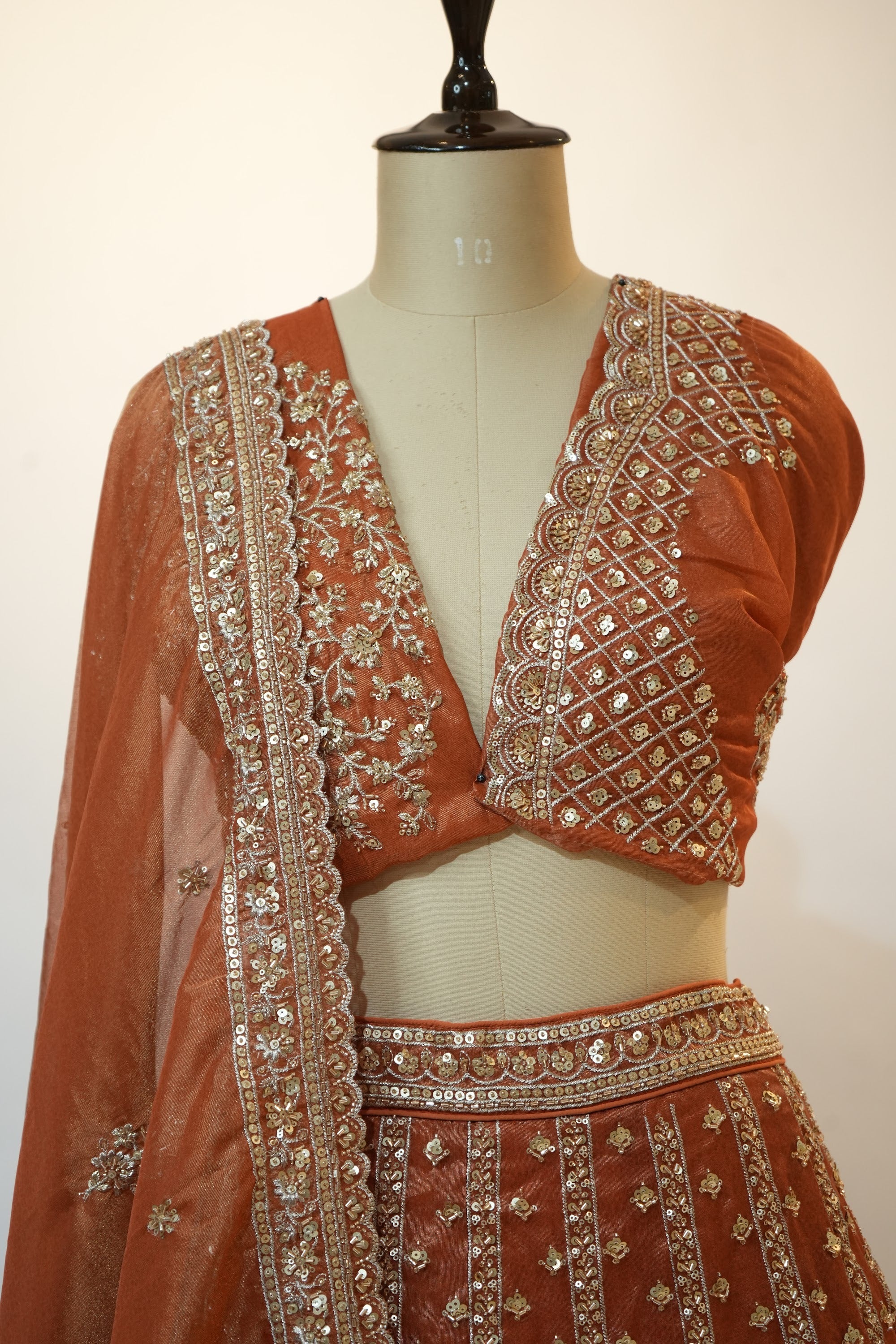 Rust Orange Zari Sequin Embroidered Bridal Lehenga Set