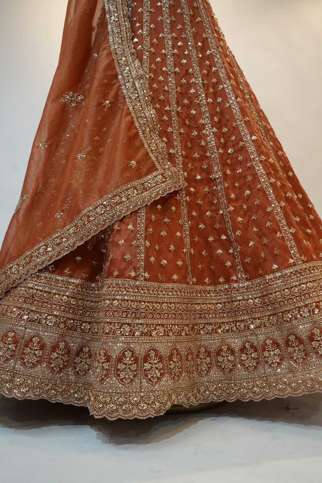 Rust Orange Zari Sequin Embroidered Bridal Lehenga Set